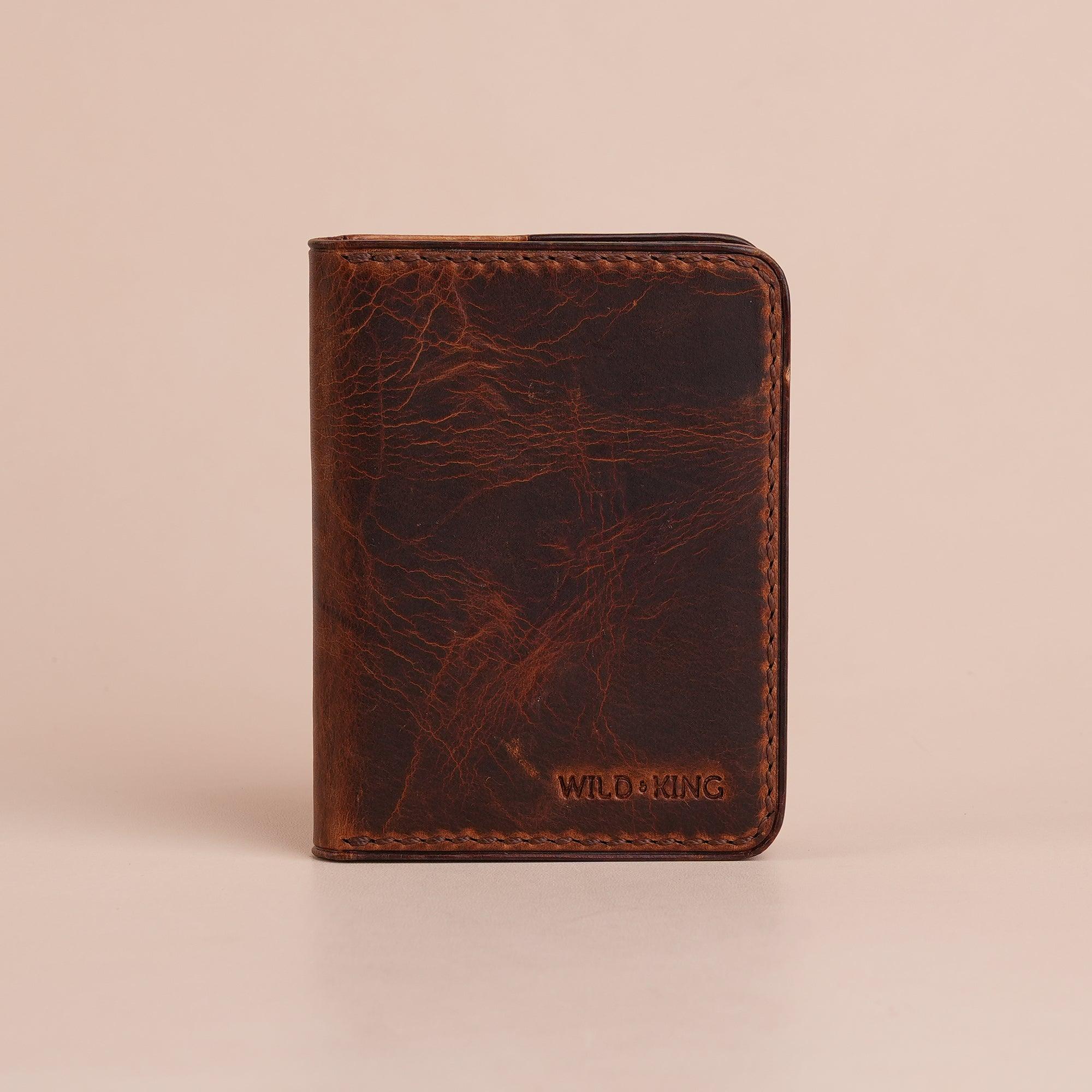 Brown Waxed Leather Bifold Card Wallet Minimalist - WildandKing