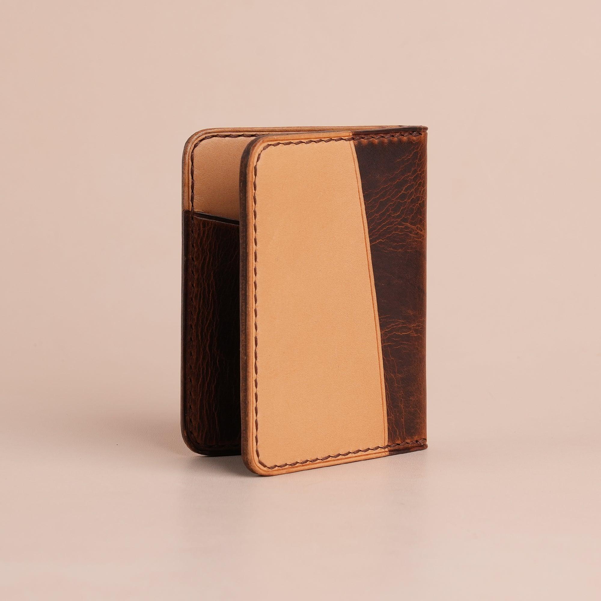 Brown Waxed Leather Bifold Card Wallet Minimalist - WildandKing