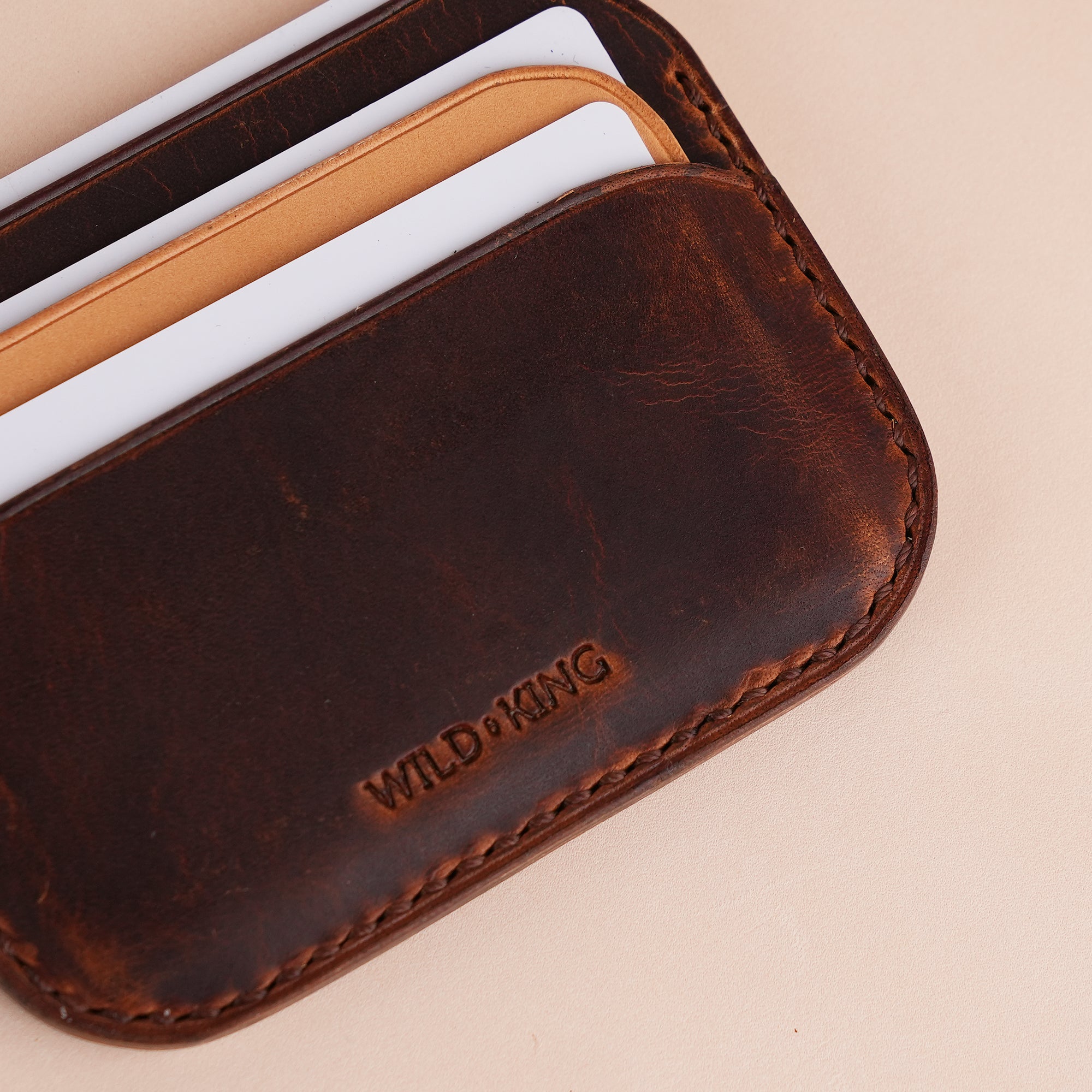 Minimalist Dark Brown Waxed Leather Card Holder - Seashell