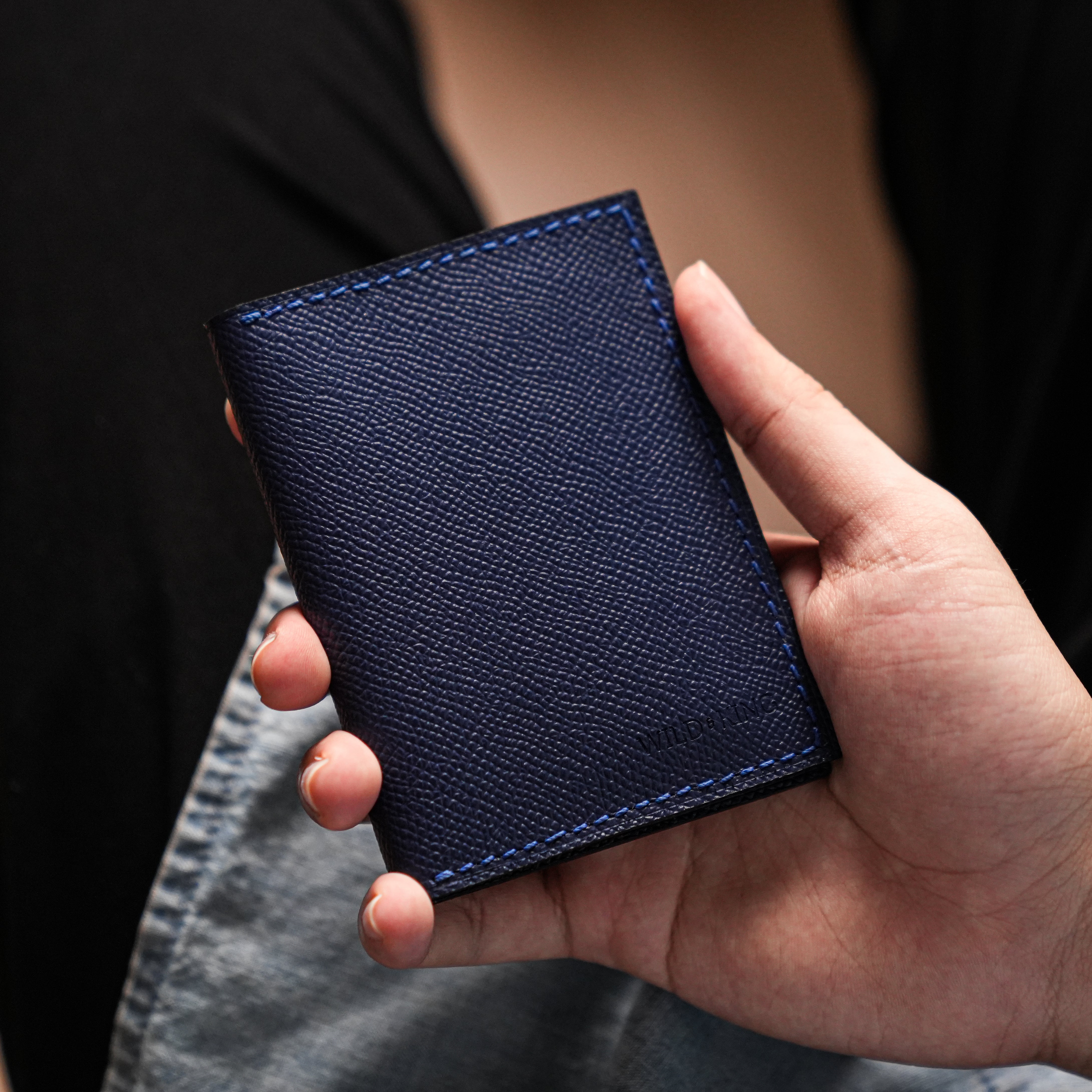 blue bifold wallet