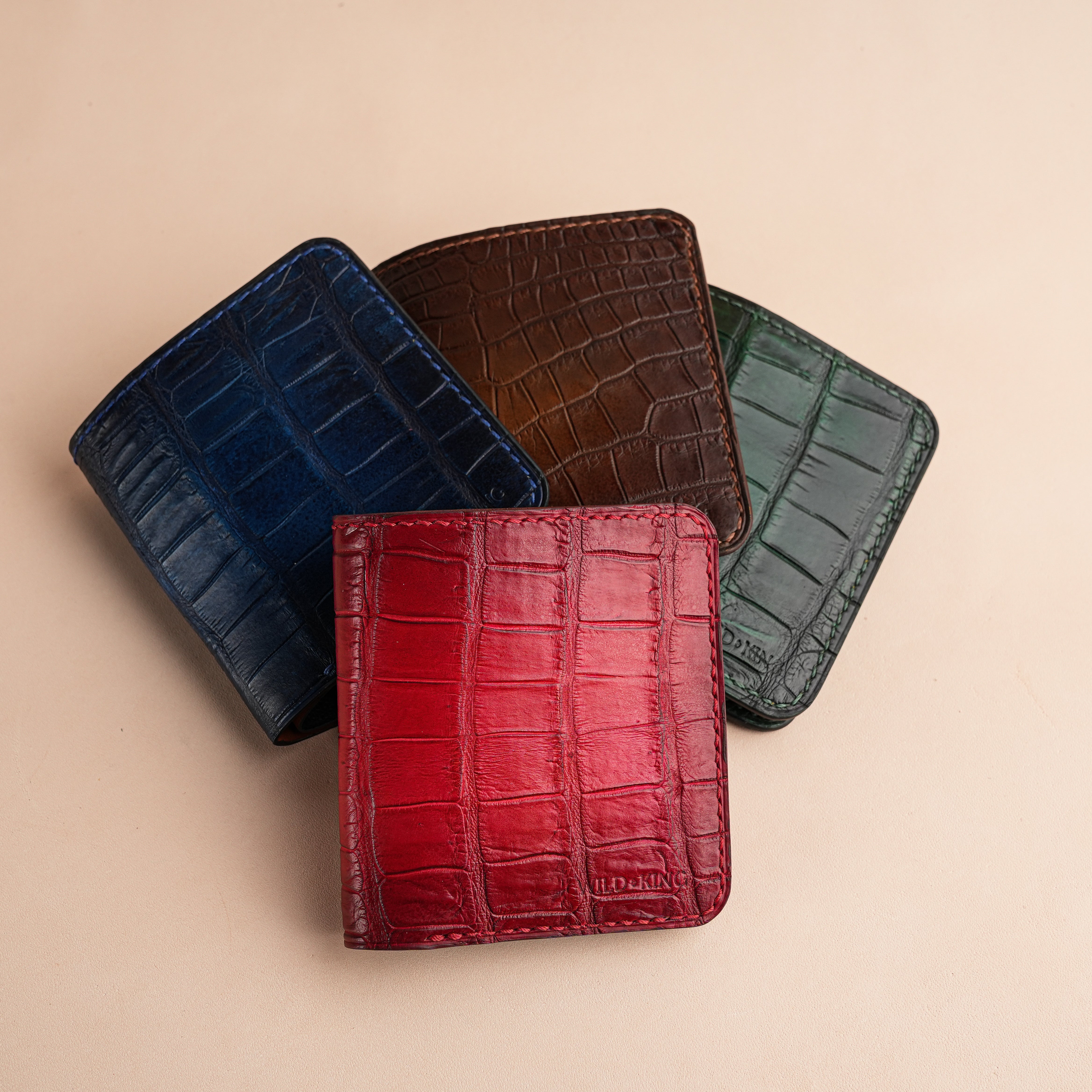 Square Shape Crocodile Leather Bifold Wallet - Patina Finish