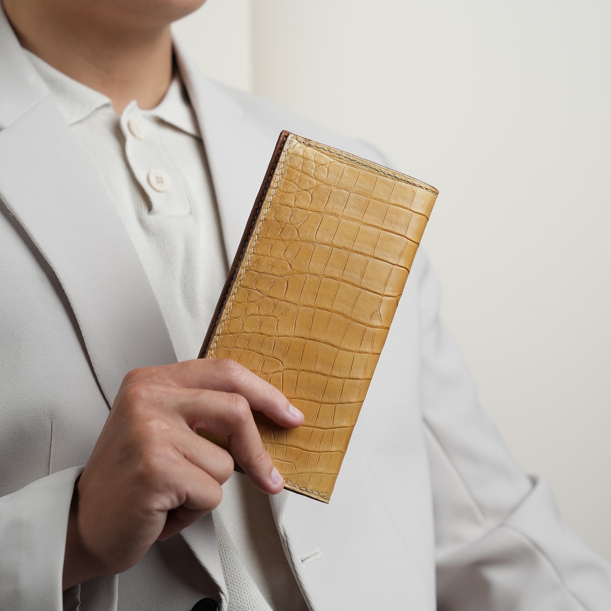 Beige Crocodile Leather Long Wallet