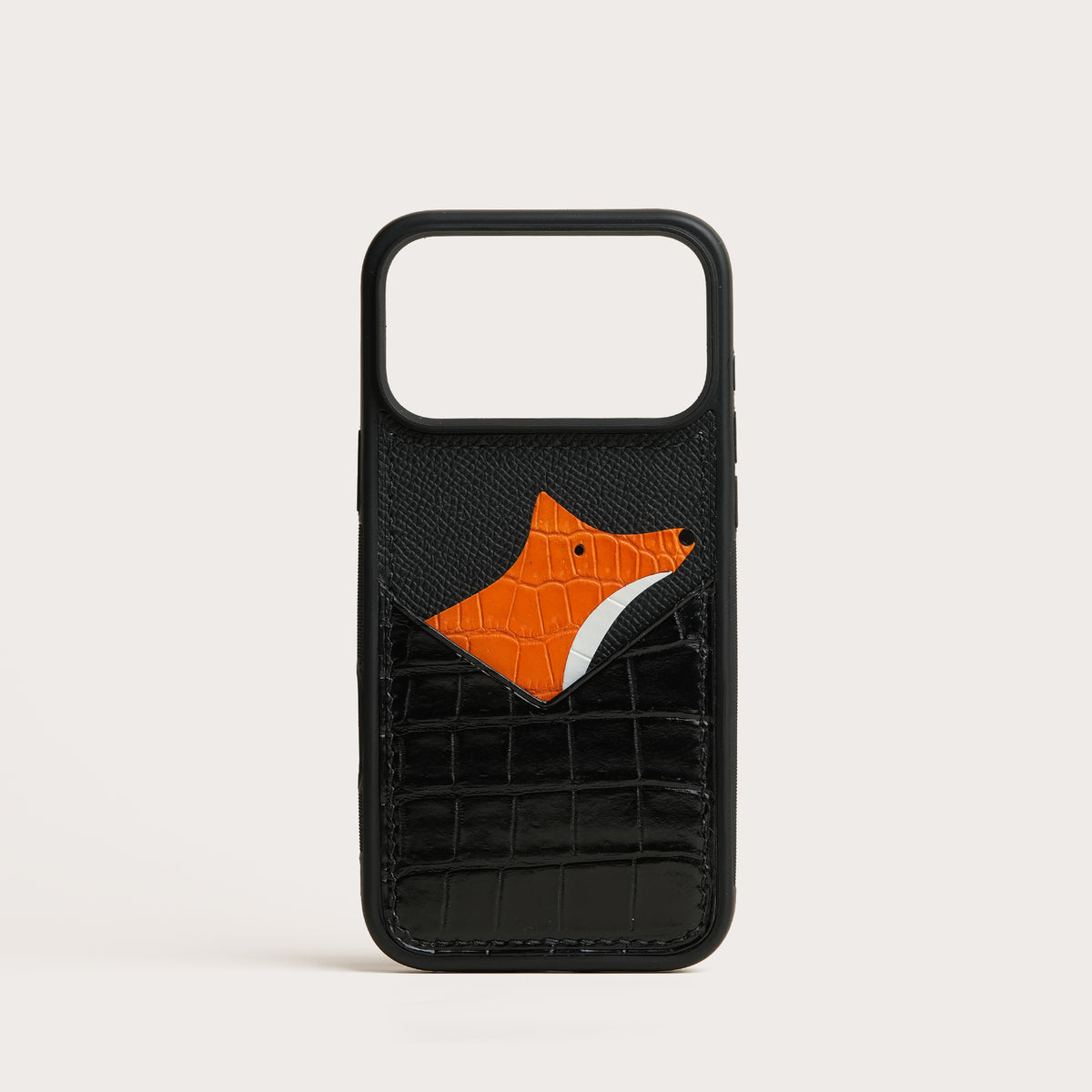 Black Crocodile Leather Phone Case with Card Holder - Fox Design