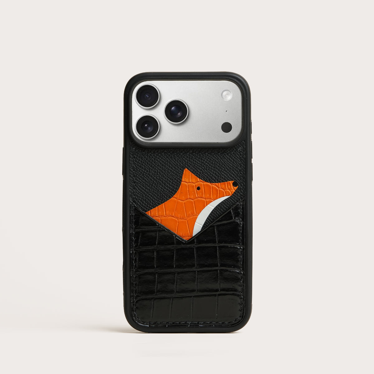 Black Crocodile Leather Phone Case with Card Holder - Fox Design