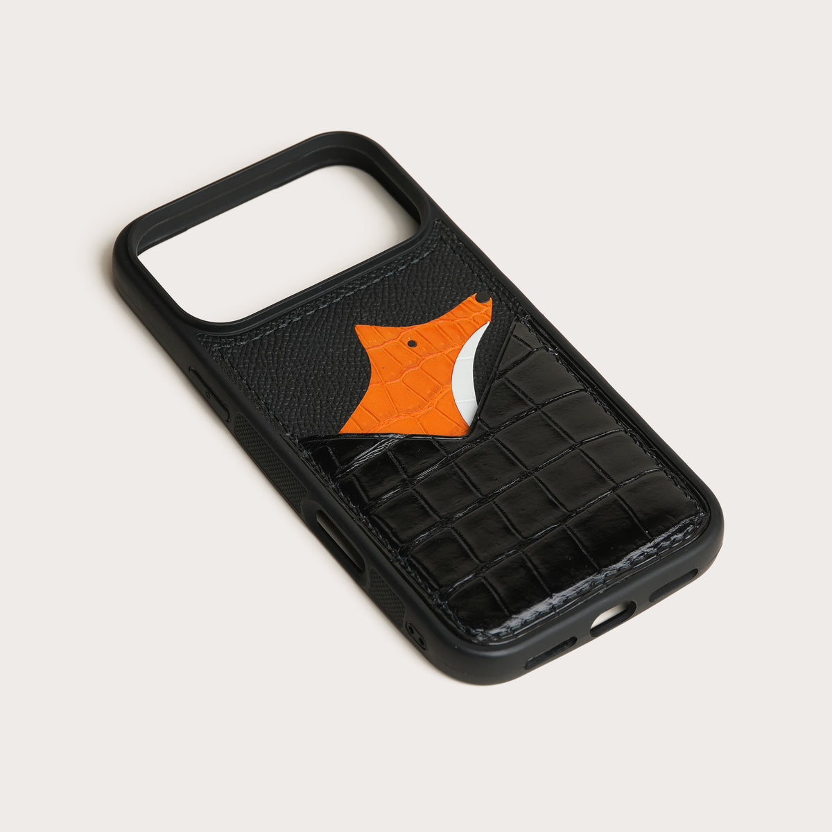 Black Crocodile Leather Phone Case with Card Holder - Fox Design
