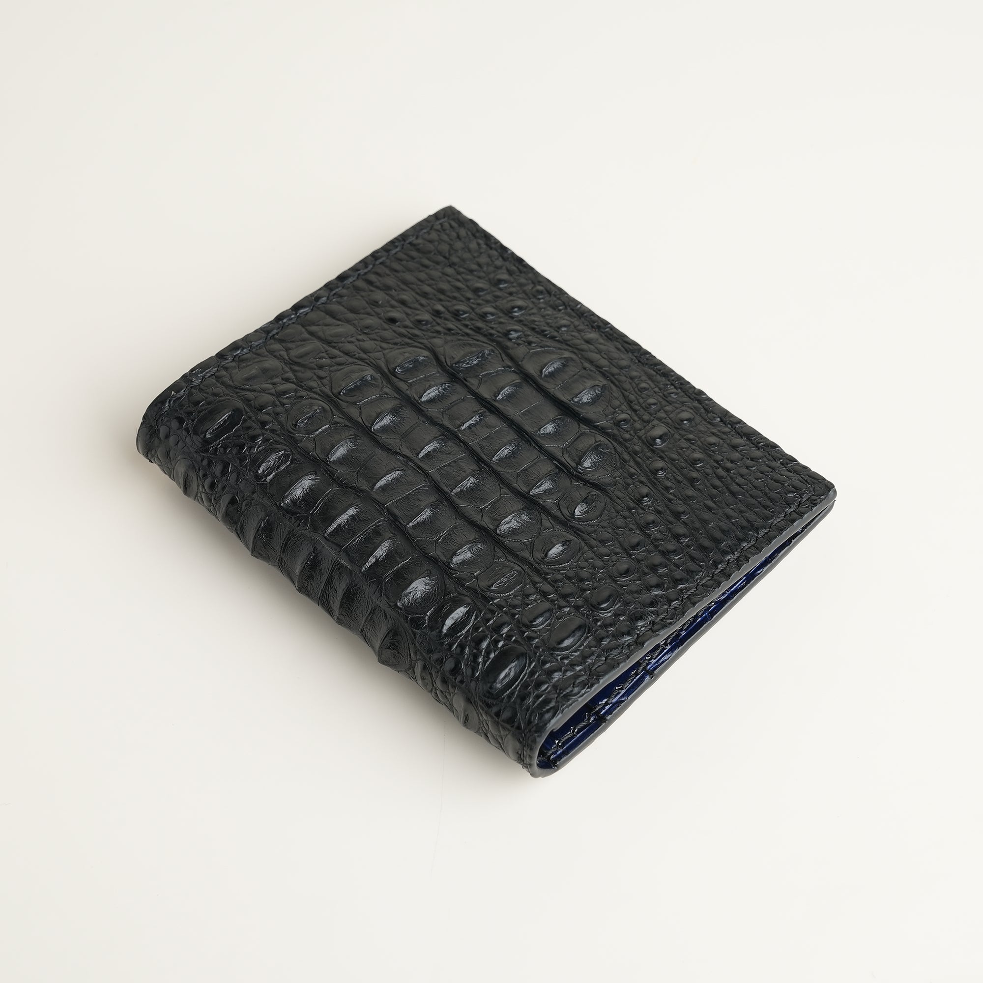 Black Double Hornback Mix Navy Crocodile Leather Bifold Card Holder