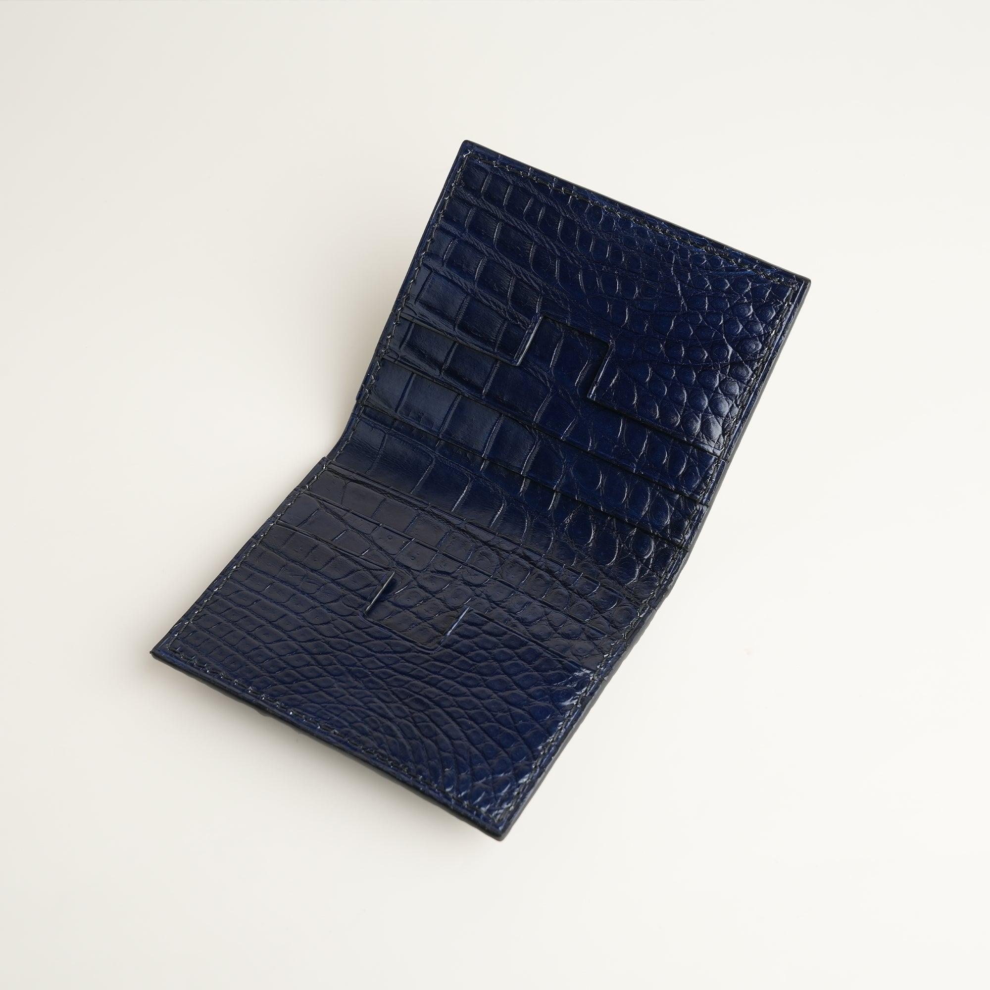 Black Double Hornback Mix Navy Crocodile Leather Bifold Card Holder