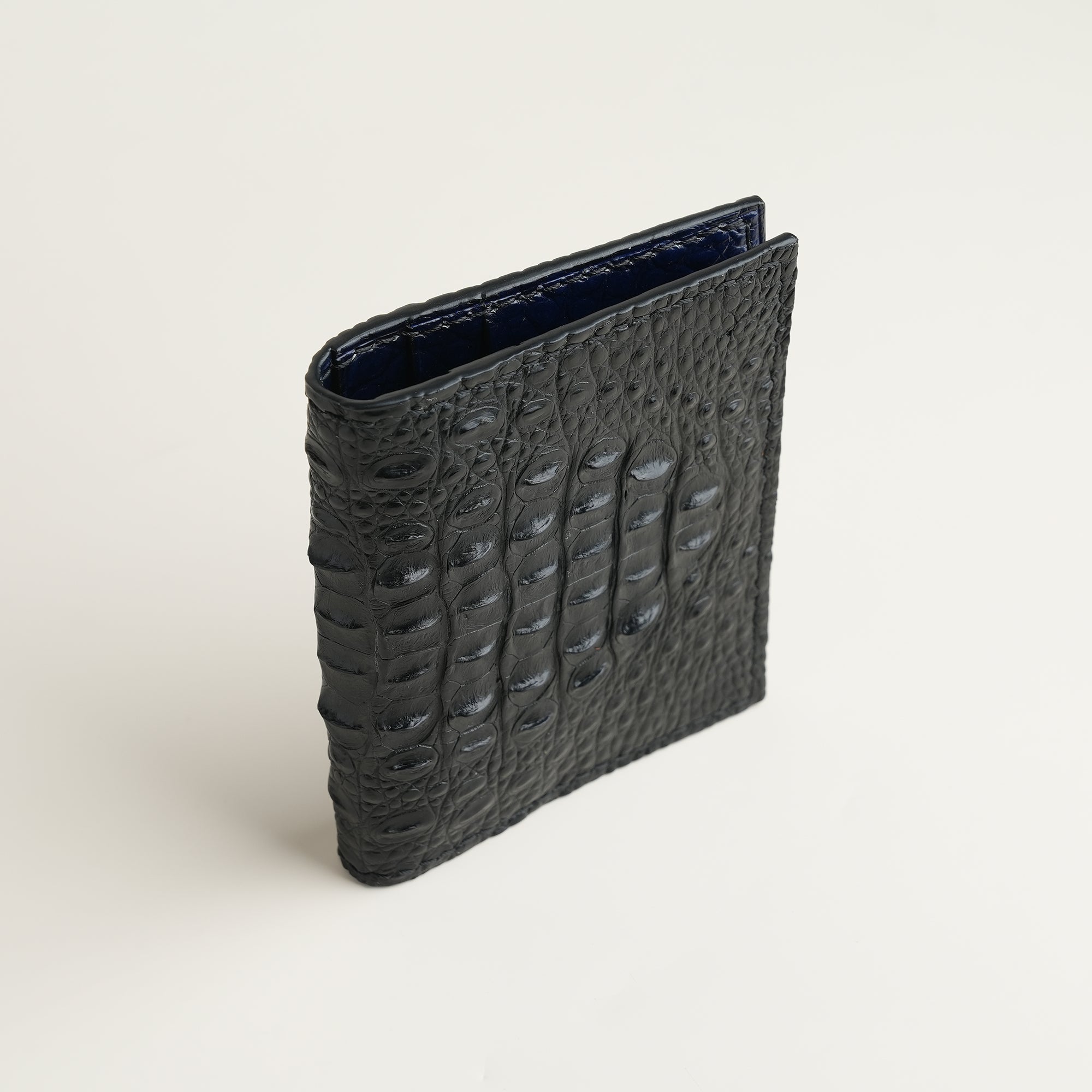 Black Double Hornback Mix Navy Crocodile Leather Bifold Card Holder