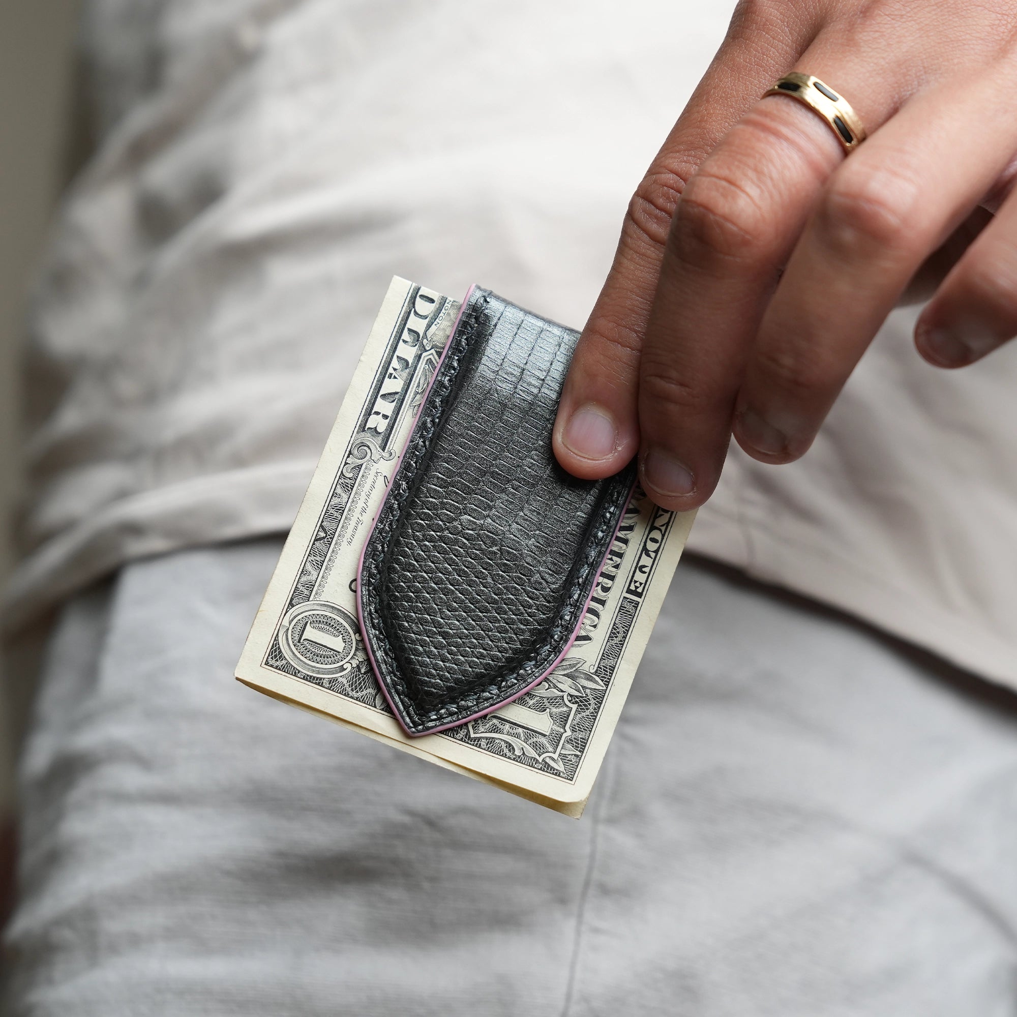 Black Lizard Leather Money Clip - Pointed Shape