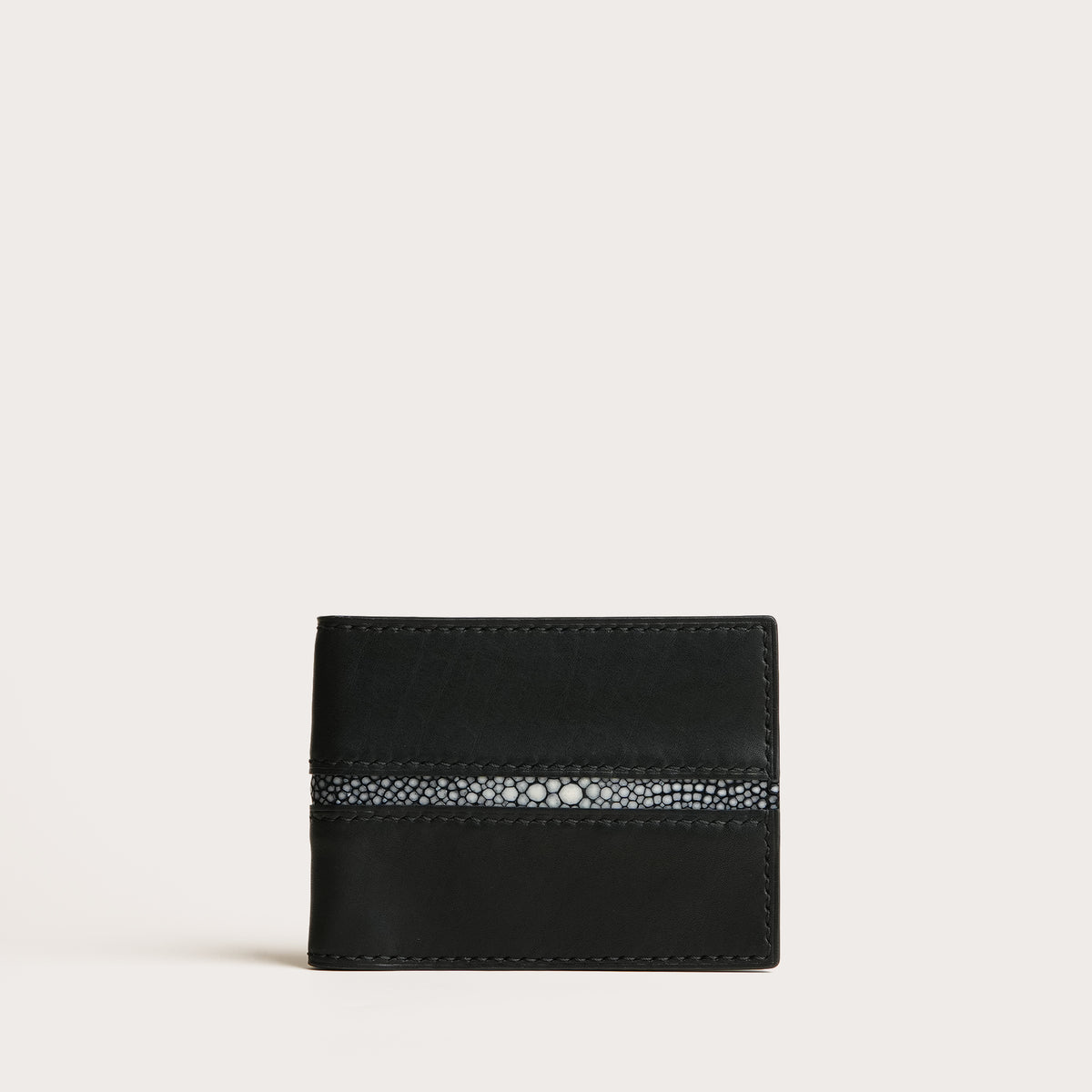 Black Smooth Calf Leather Bifold Money Clip - Stingray Trim