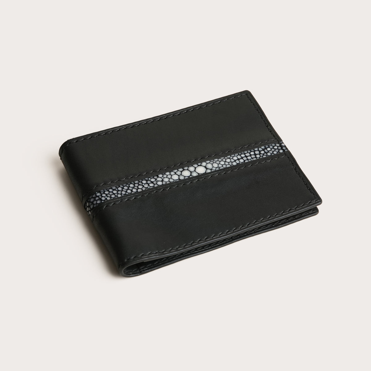 Black Smooth Calf Leather Bifold Money Clip - Stingray Trim