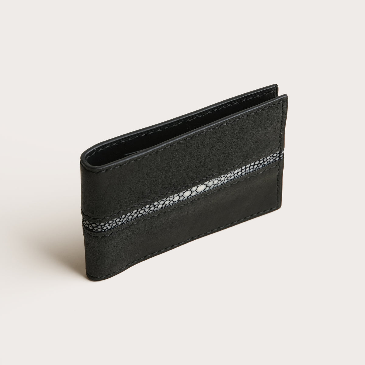 Black Smooth Calf Leather Bifold Money Clip - Stingray Trim