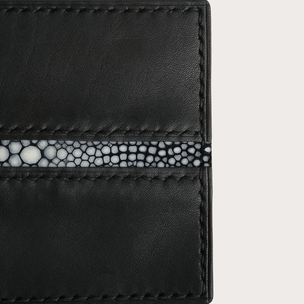 Black Smooth Calf Leather Bifold Money Clip - Stingray Trim