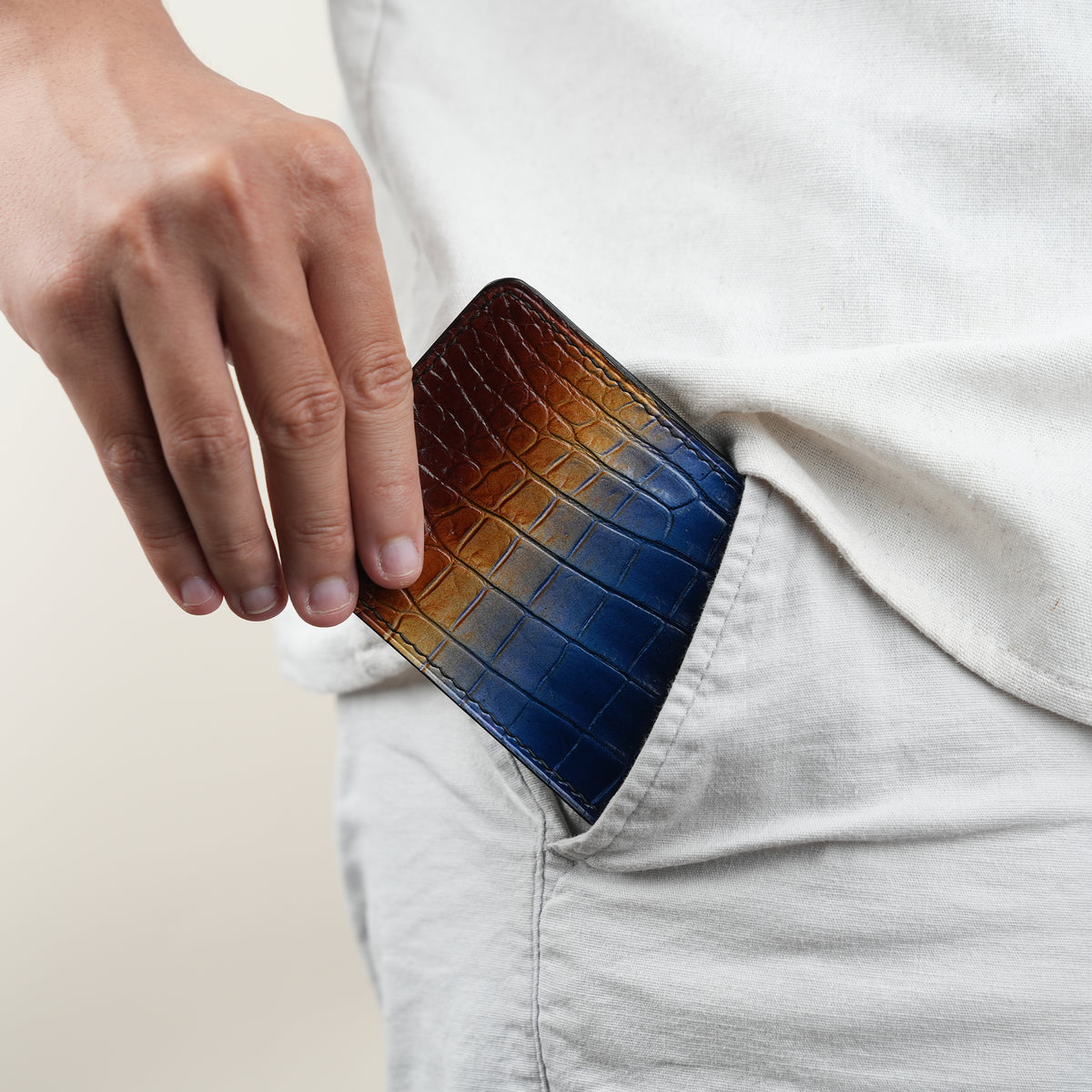 Blue Crocodile Leather Bifold Money Clip - Dusk Patina