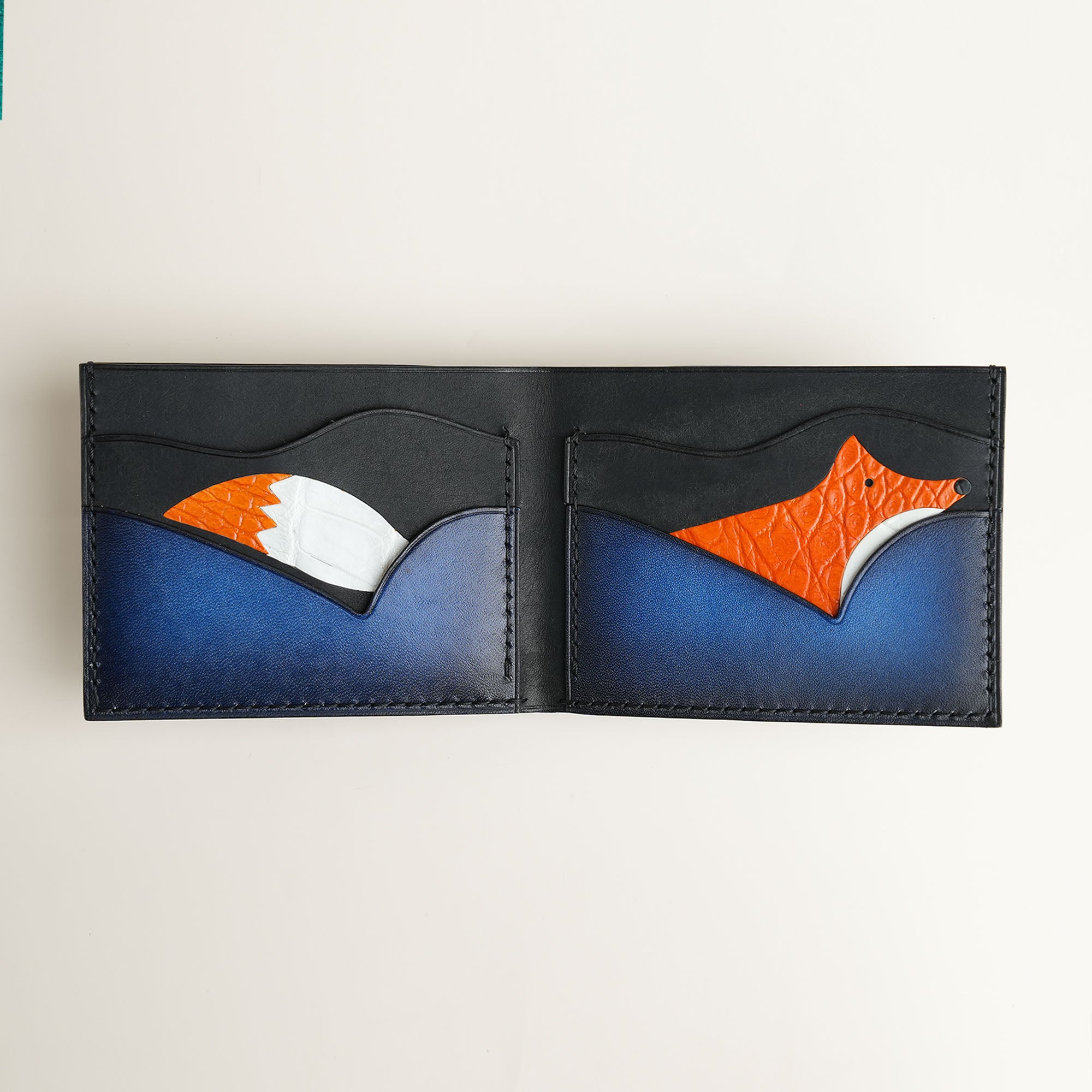 Blue Leather Wing Bifold Wallet - Fox Design - Patina Finish
