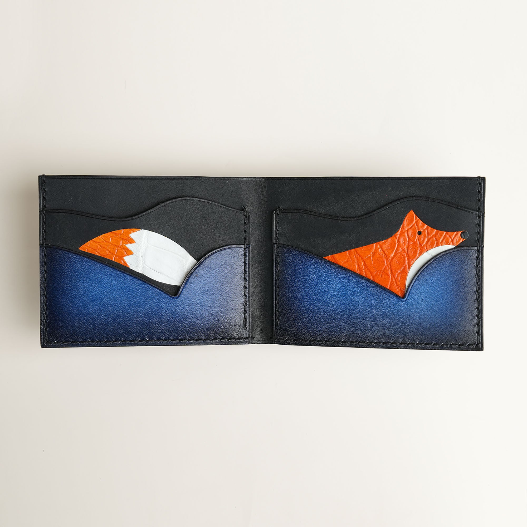 Blue Leather Wing Bifold Wallet - Fox Design - Patina Finish