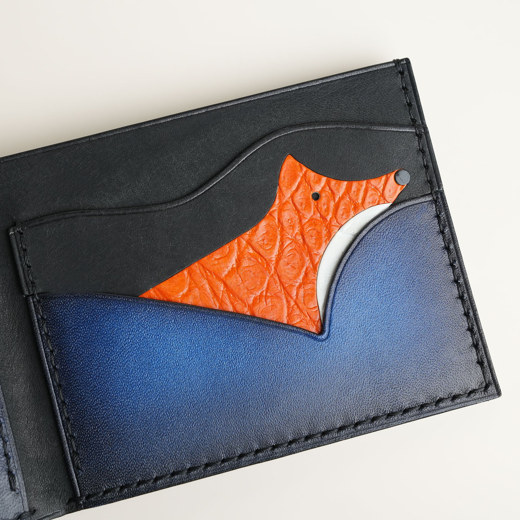 Blue Leather Wing Bifold Wallet - Fox Design - Patina Finish