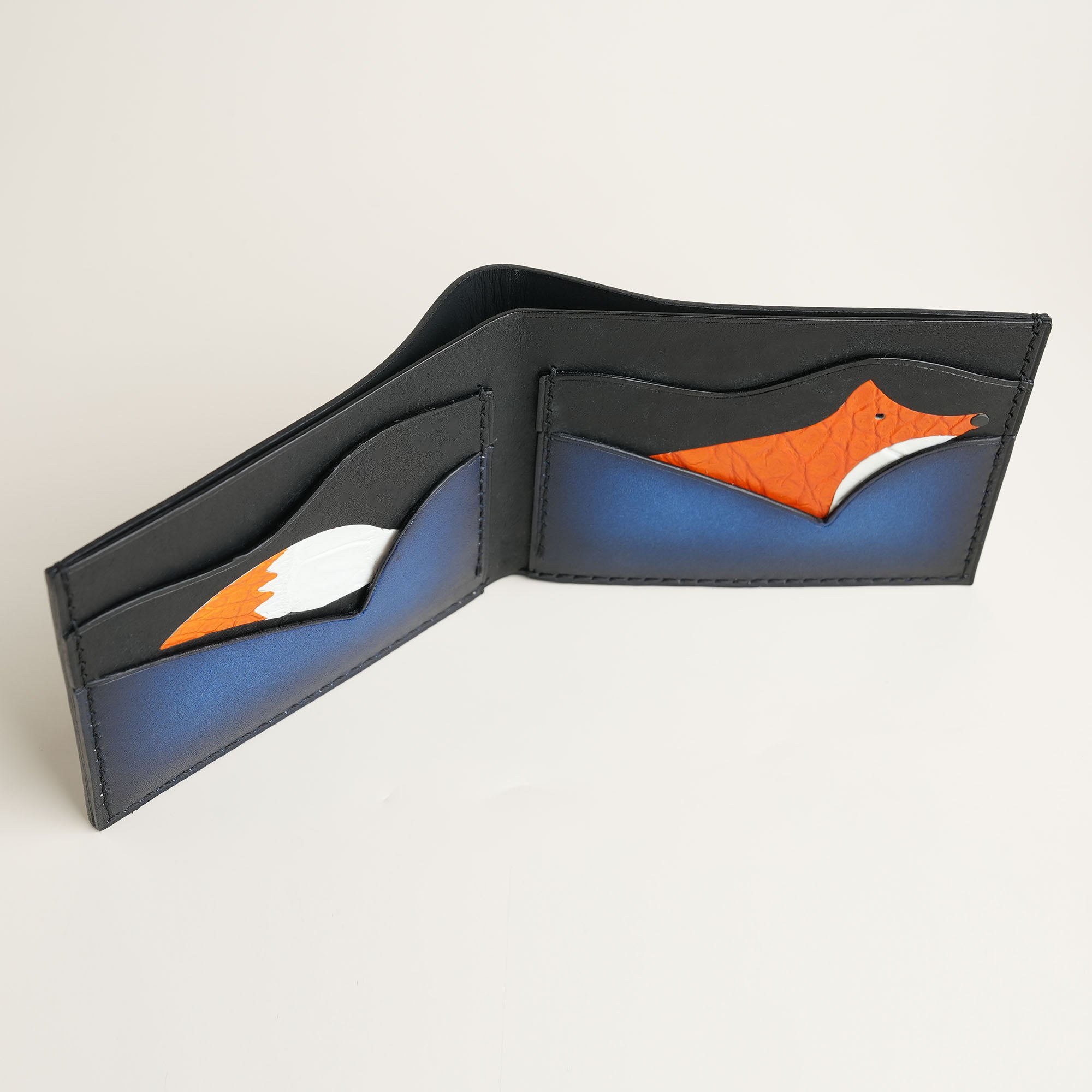 Blue Leather Wing Bifold Wallet - Fox Design - Patina Finish