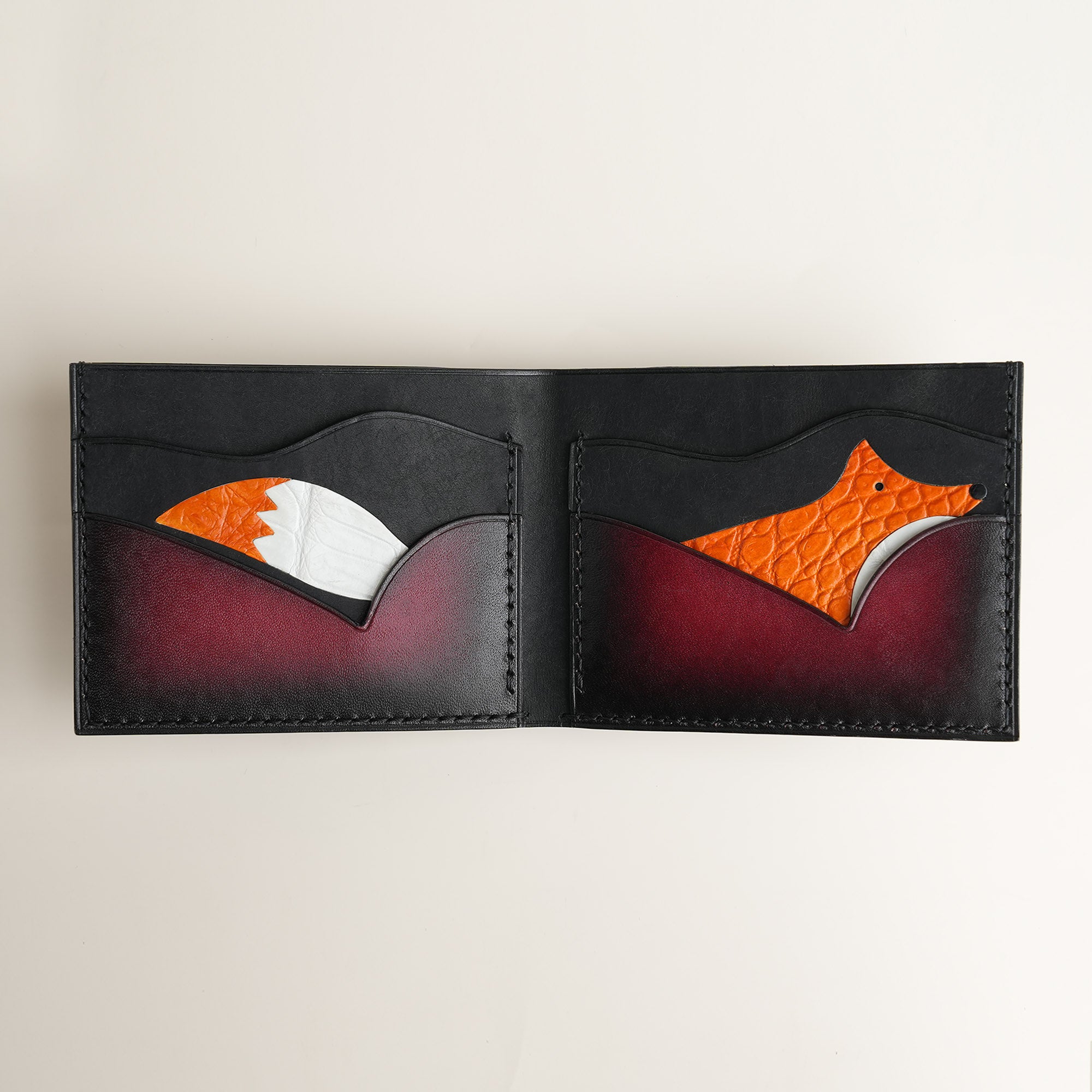 Bordeaux Leather Wing Bifold Wallet - Fox Design - Patina Finish