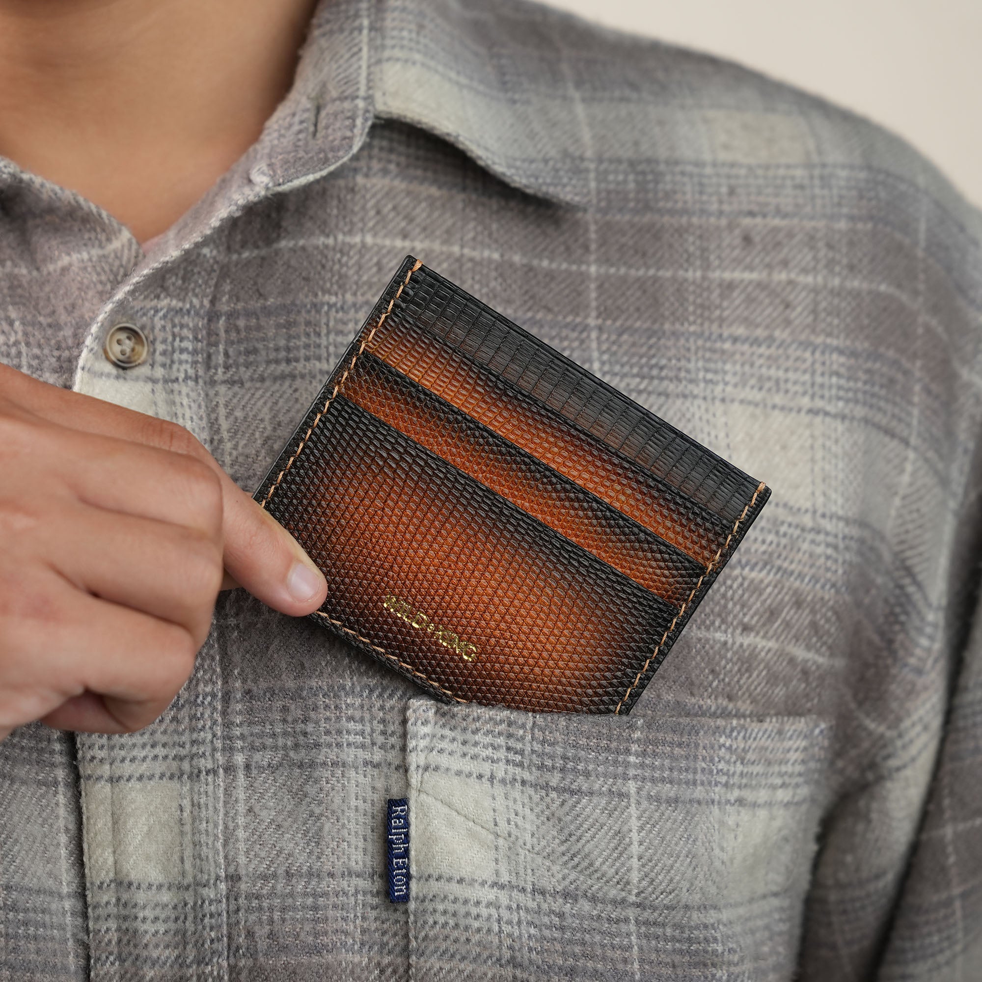 Brown Lizard Leather Card Holder - Patina Finish