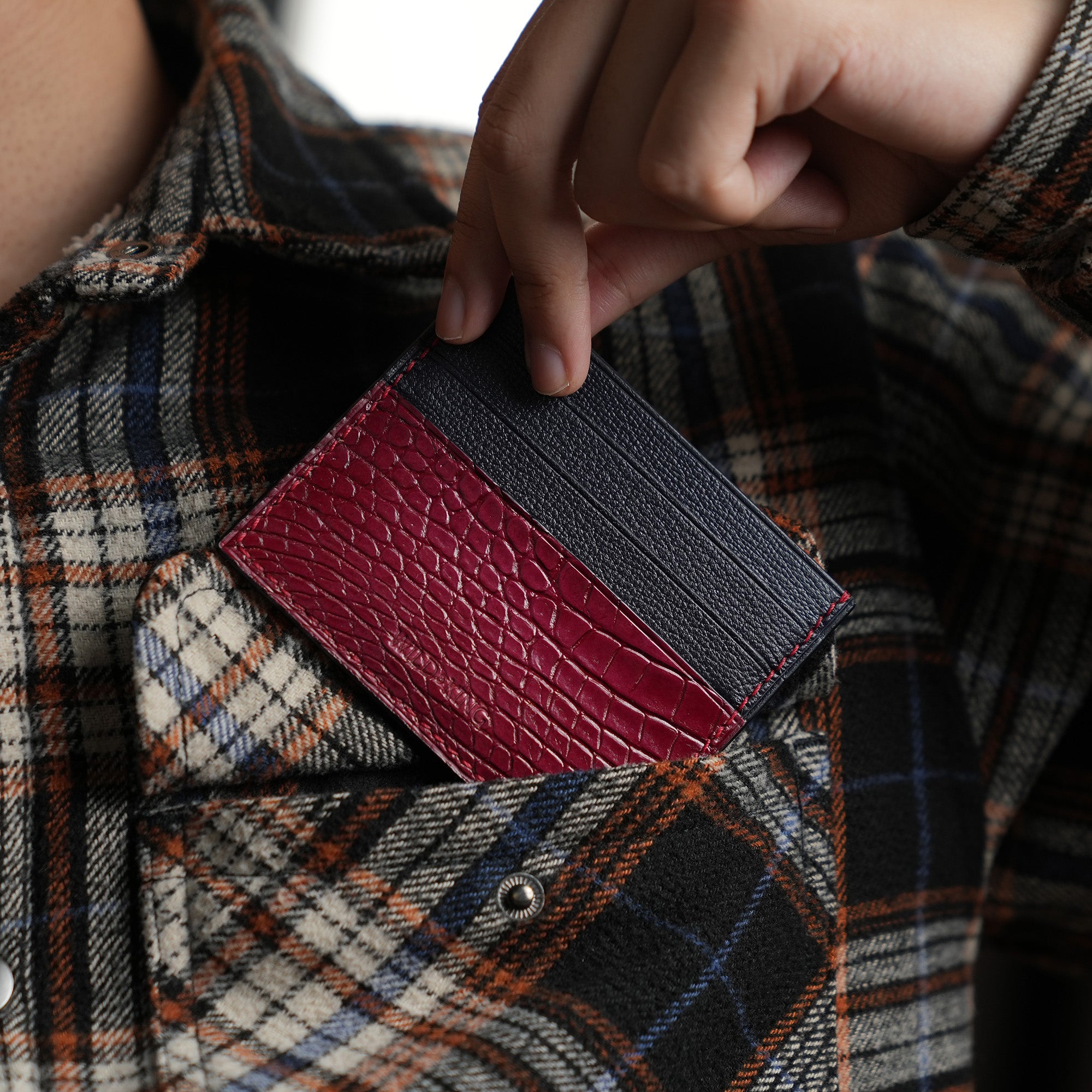 Burgundy Alligator mix Black Togo Leather Card Holder