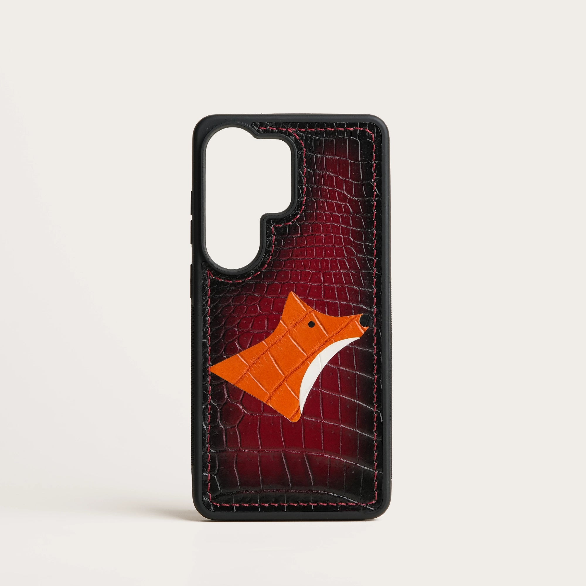 Burgundy Crocodile Leather Phone Case - Fox Design - Patina Finish