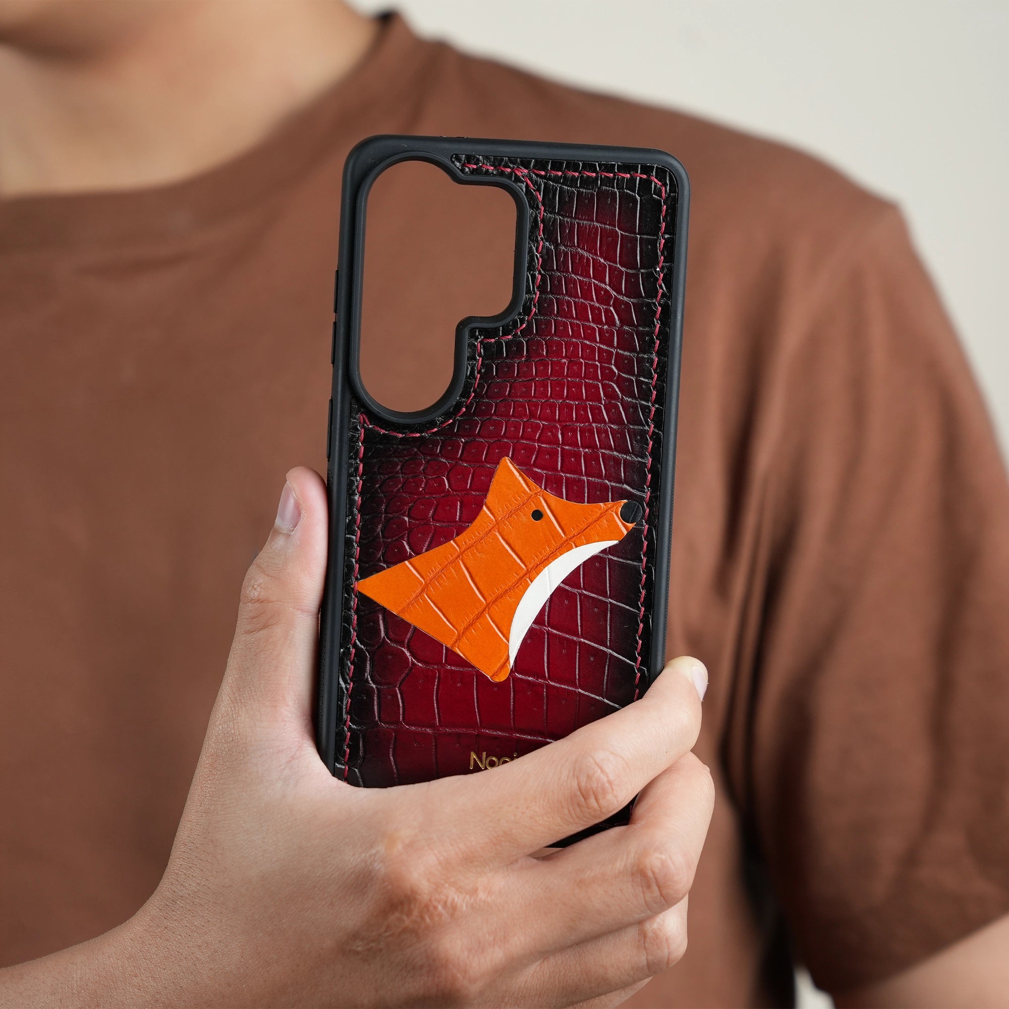 Burgundy Crocodile Leather Phone Case - Fox Design - Patina Finish