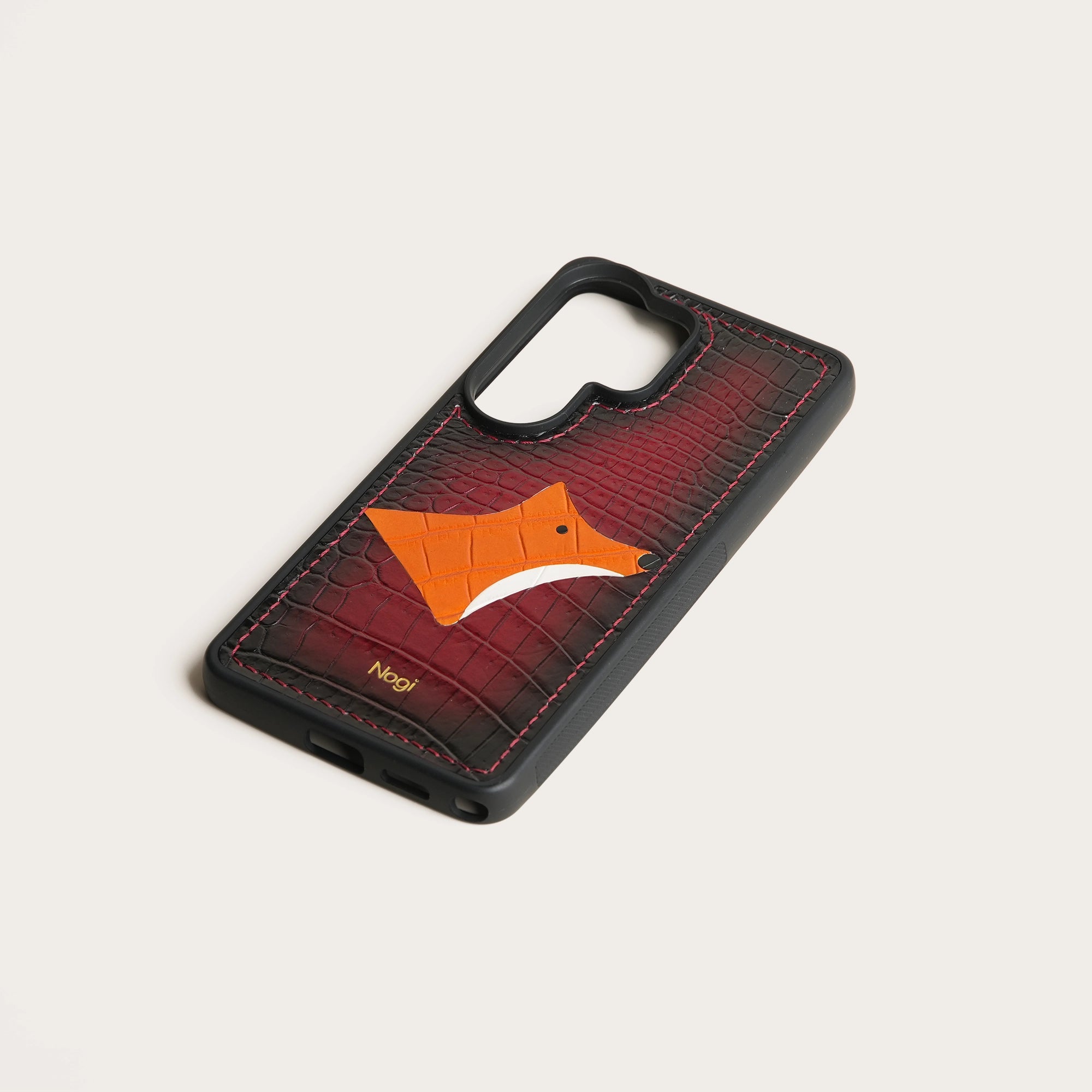 Burgundy Crocodile Leather Phone Case - Fox Design - Patina Finish