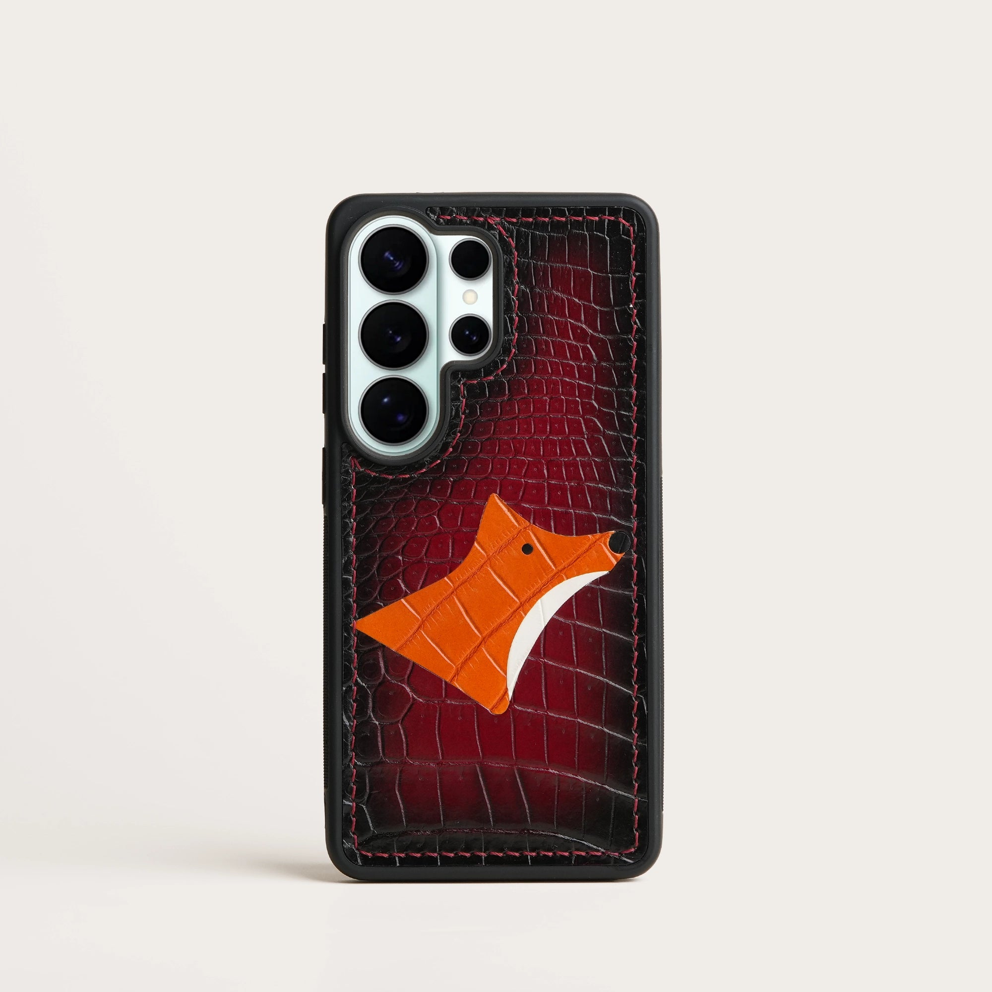 Burgundy Crocodile Leather Phone Case - Fox Design - Patina Finish