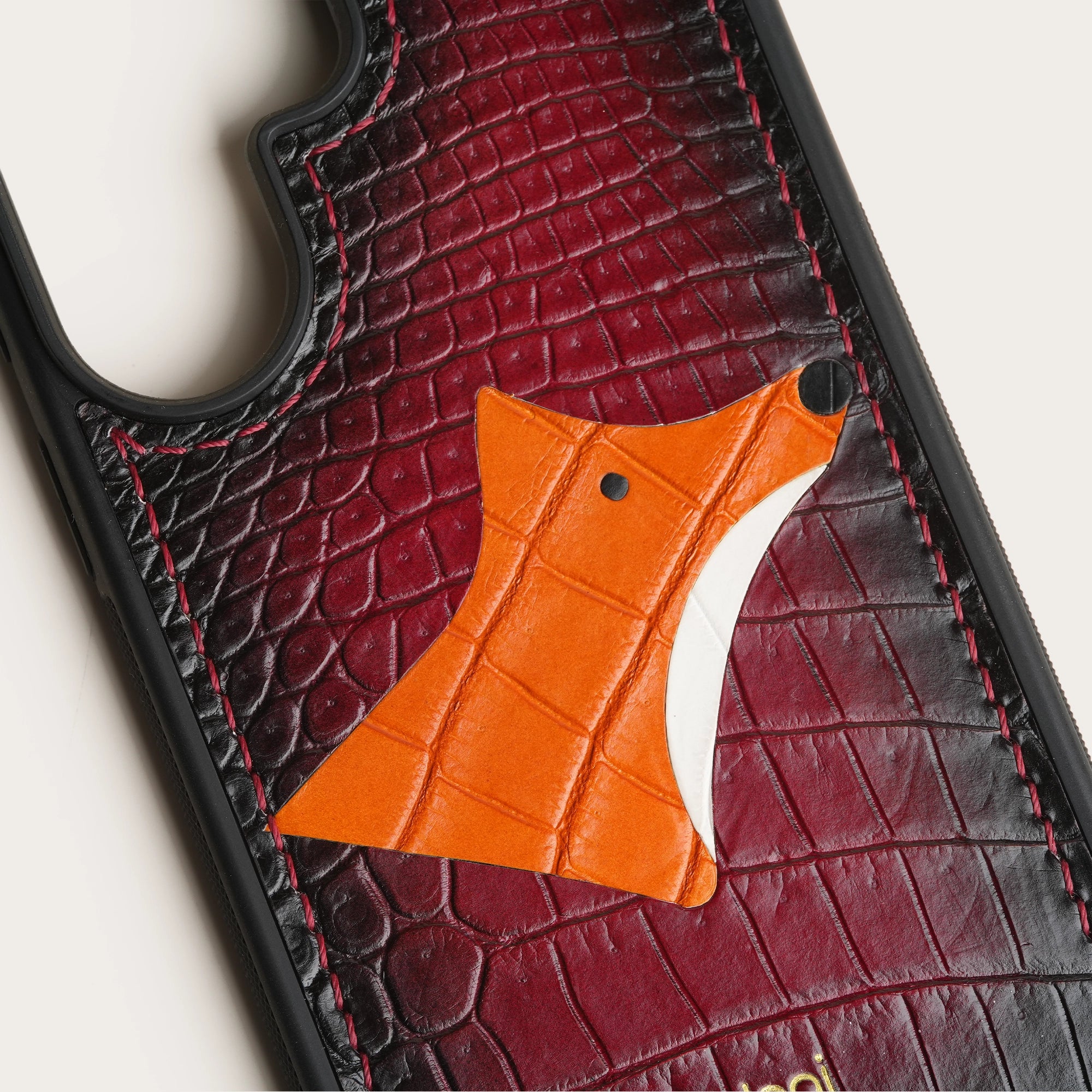 Burgundy Crocodile Leather Phone Case - Fox Design - Patina Finish