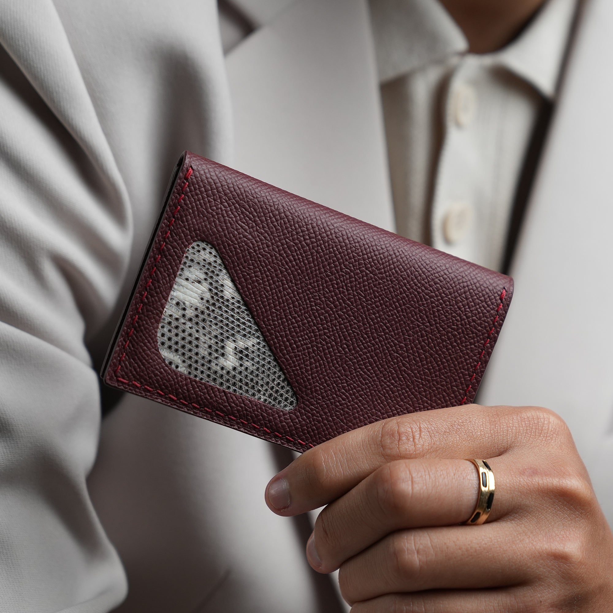Burgundy Epsom mix Lizard Leather Bifold Wallet - Natural Pattern