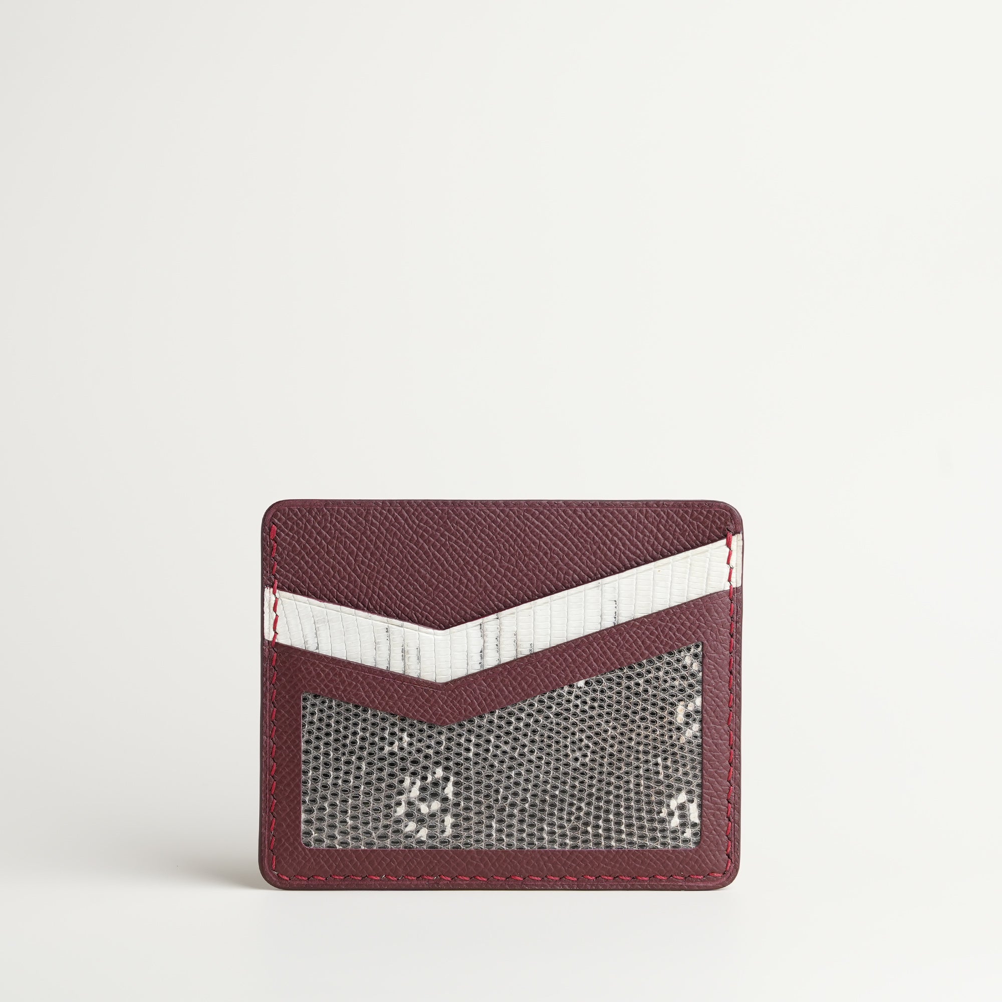 Burgundy Epsom mix Lizard Leather Card Holder - Natural Pattern