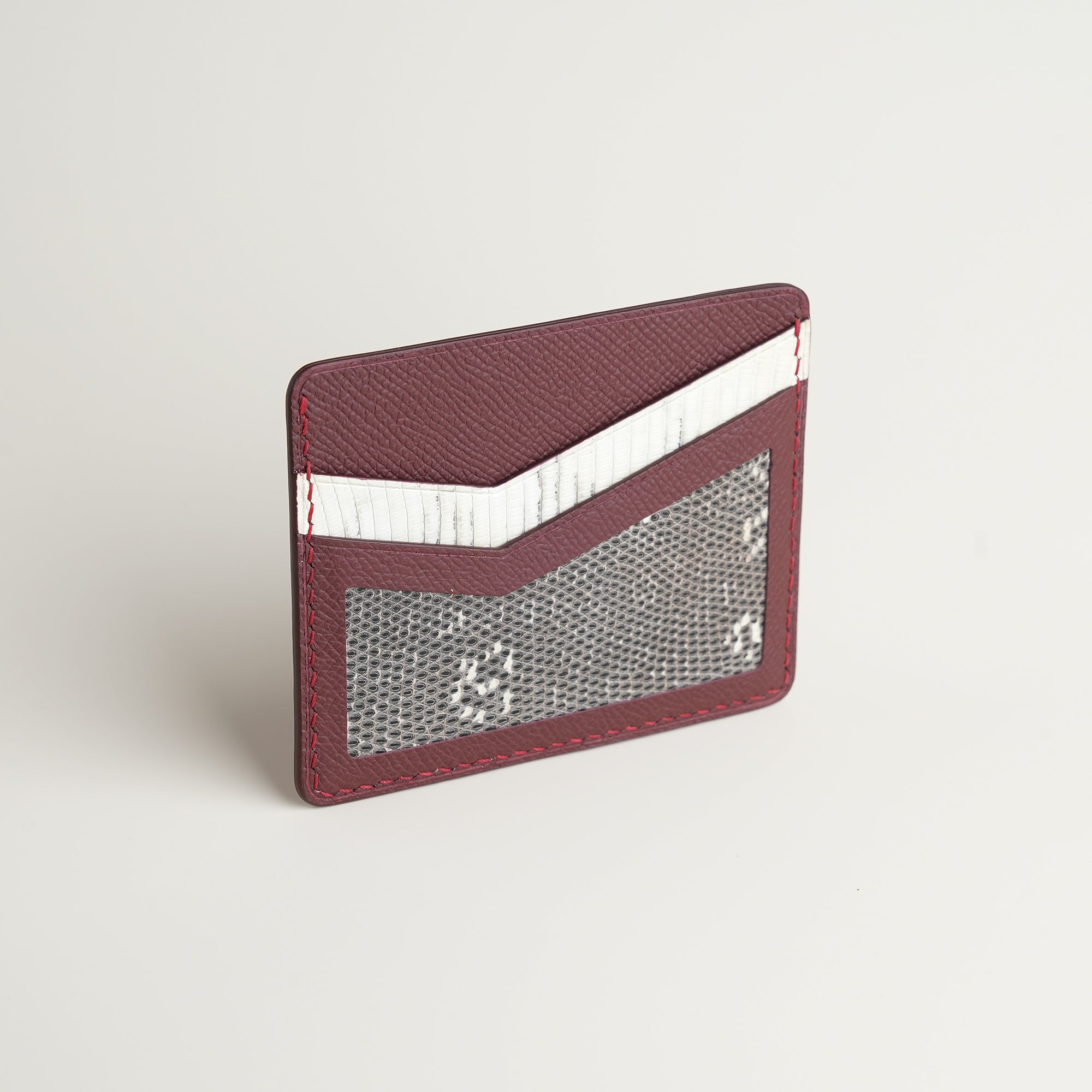 Burgundy Epsom mix Lizard Leather Card Holder - Natural Pattern