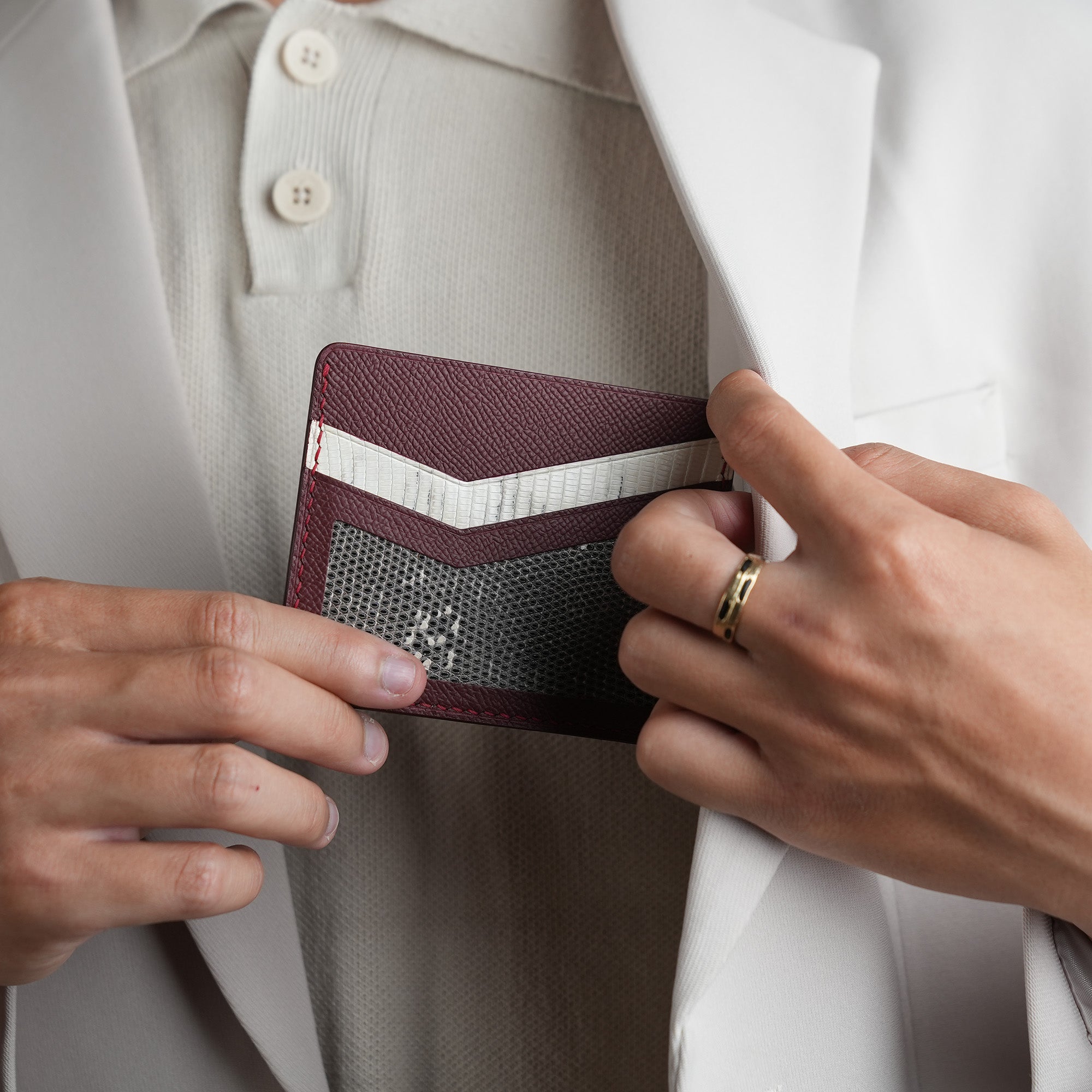 Burgundy Epsom mix Lizard Leather Card Holder - Natural Pattern