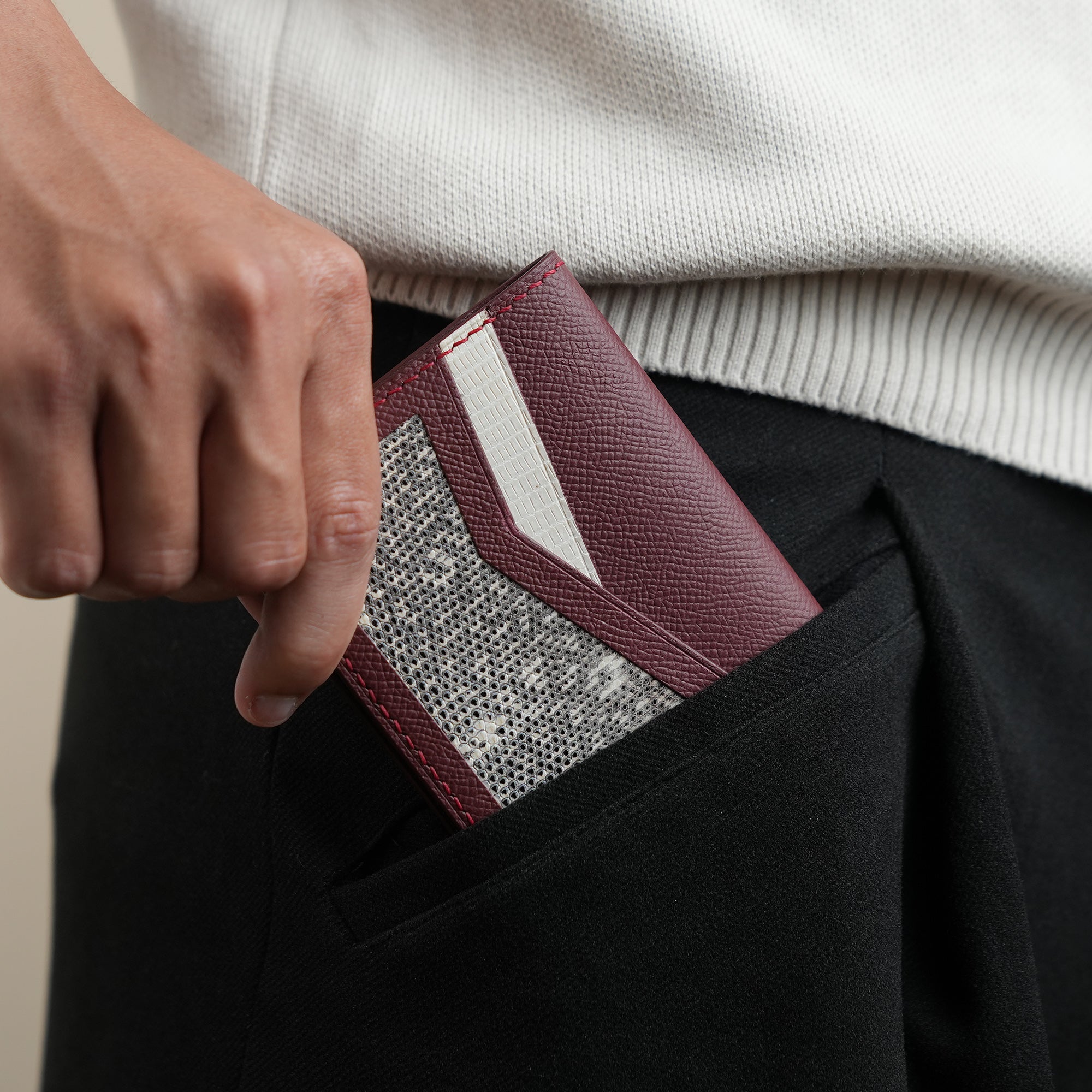 Burgundy Epsom mix Lizard Leather Dualfold Wallet - Natural Pattern