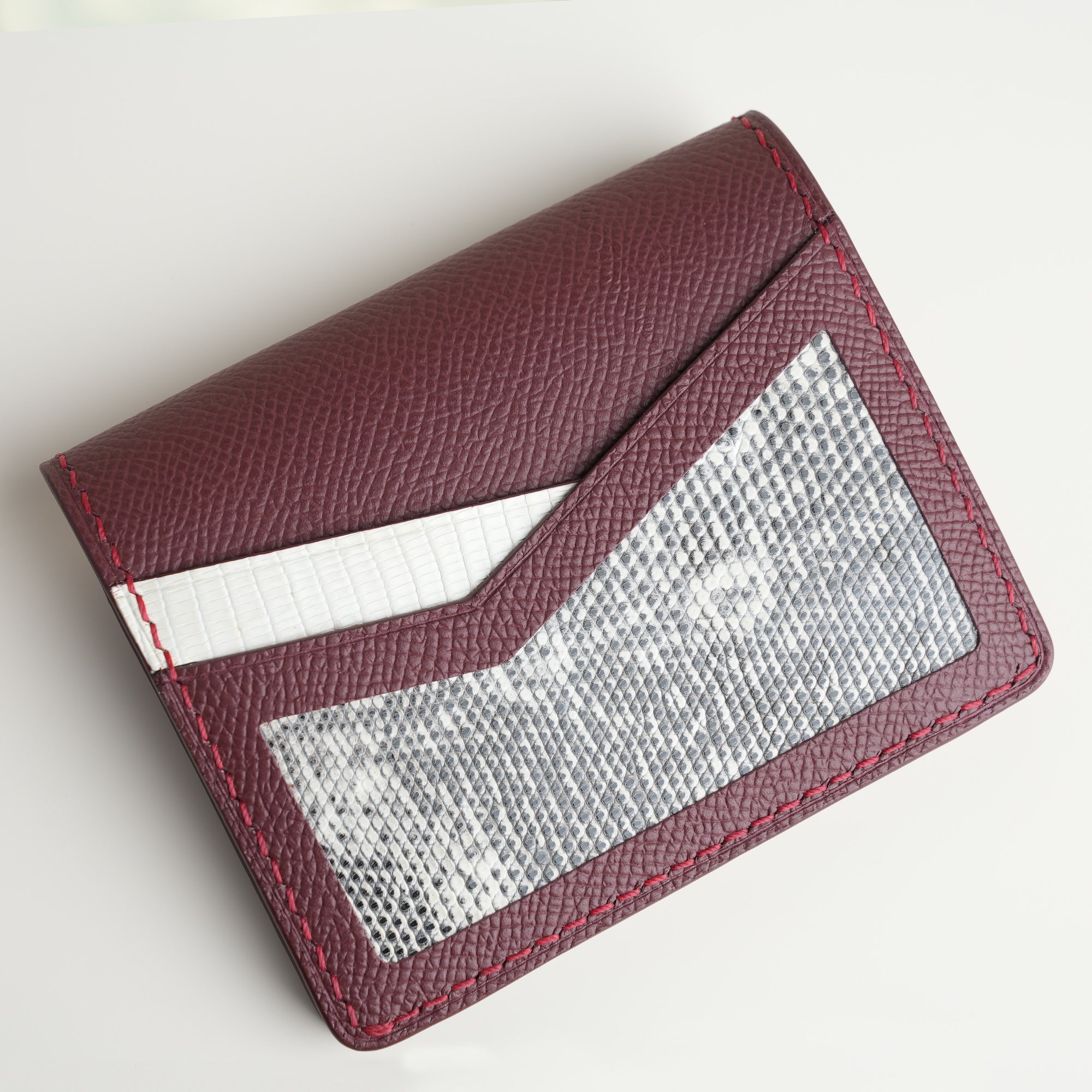 Burgundy Epsom mix Lizard Leather Dualfold Wallet - Natural Pattern