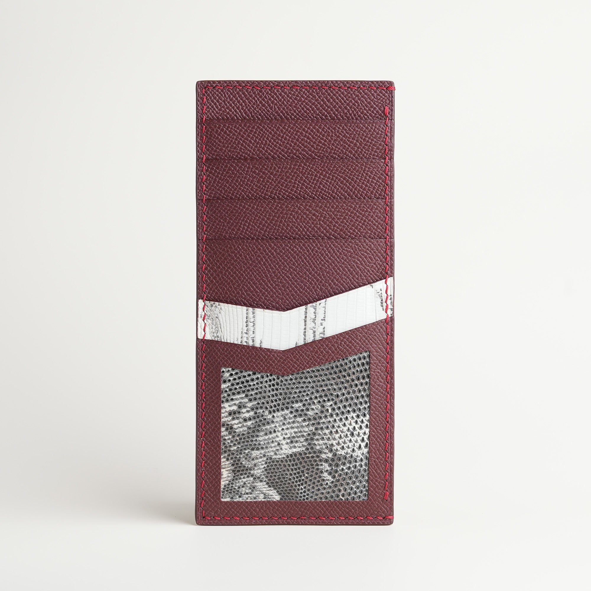 Burgundy Epsom mix Lizard Leather Vertical Card Holder - Natural Pattern