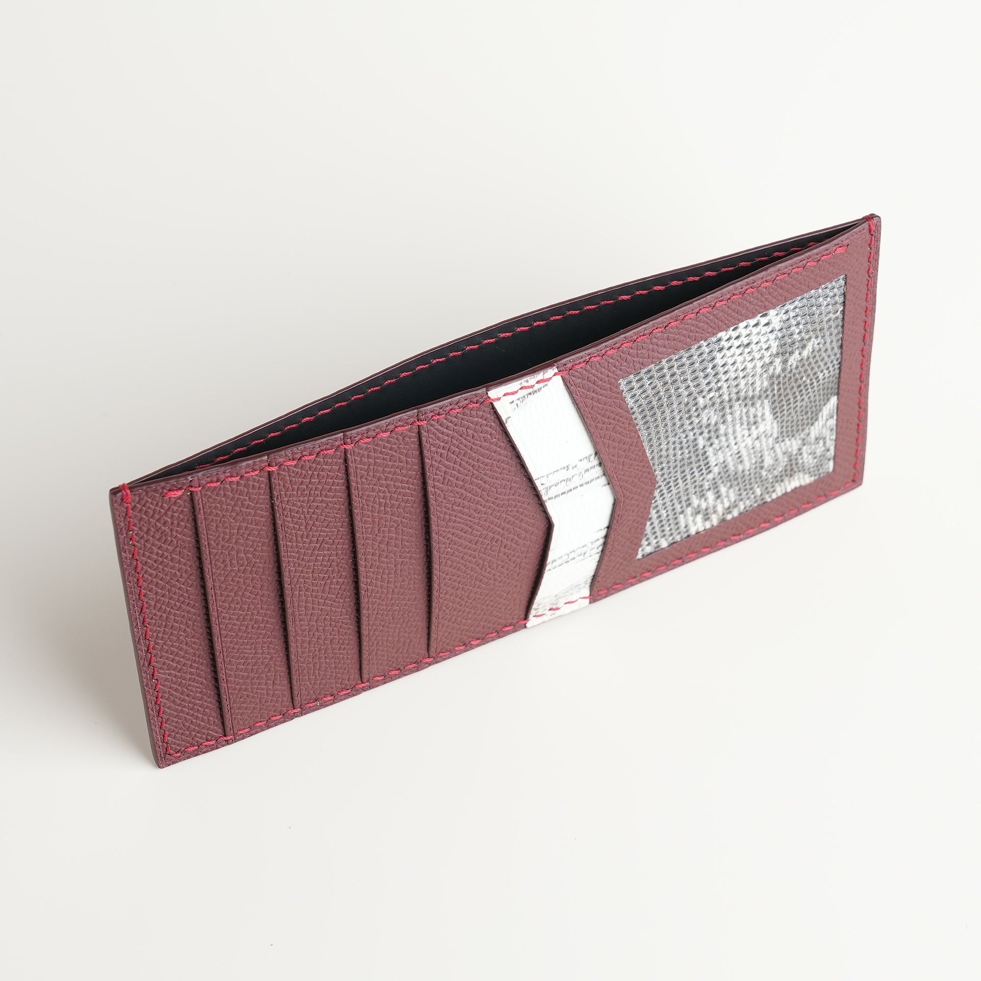 Burgundy Epsom mix Lizard Leather Vertical Card Holder - Natural Pattern