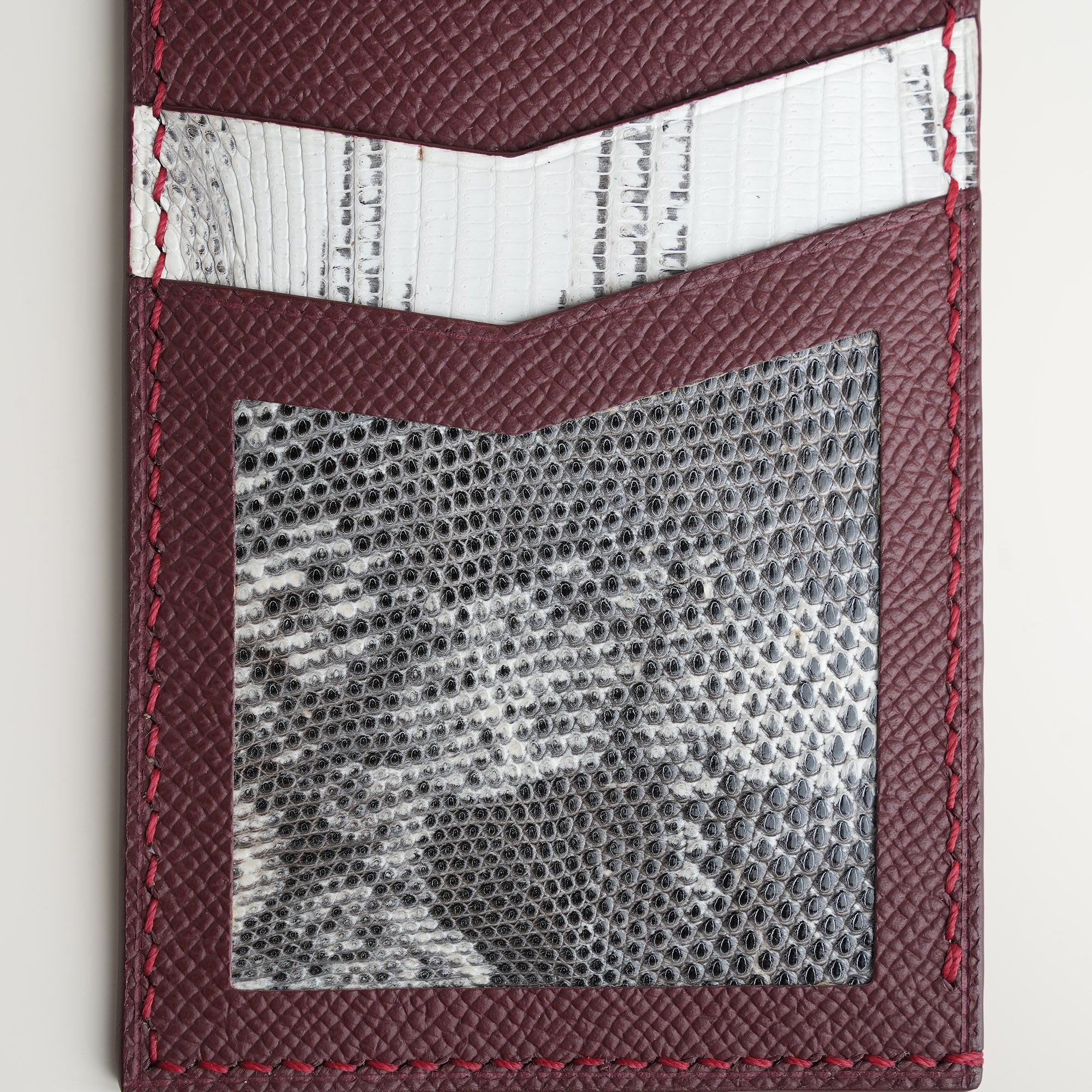 Burgundy Epsom mix Lizard Leather Vertical Card Holder - Natural Pattern