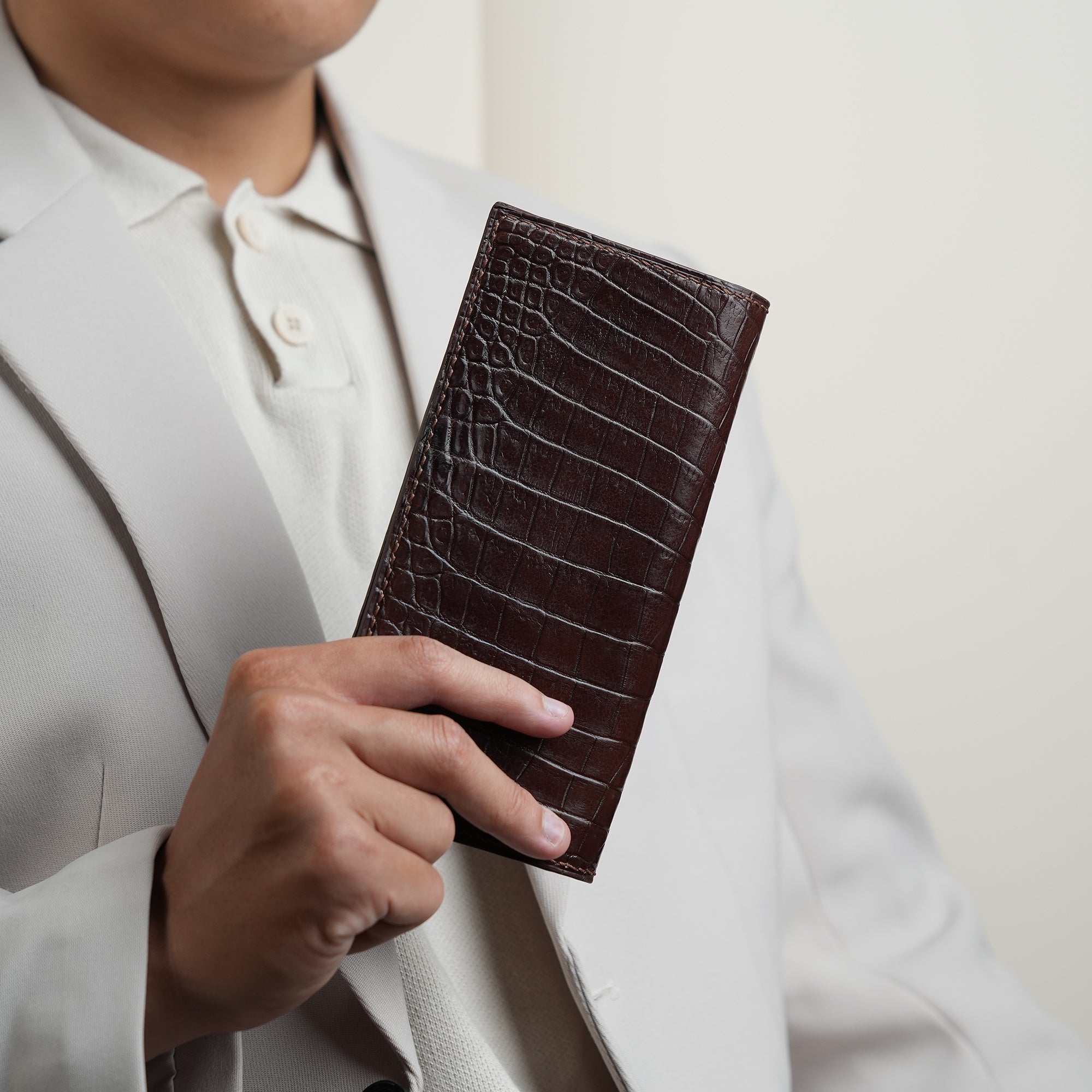 Choco Crocodile Leather Long Wallet