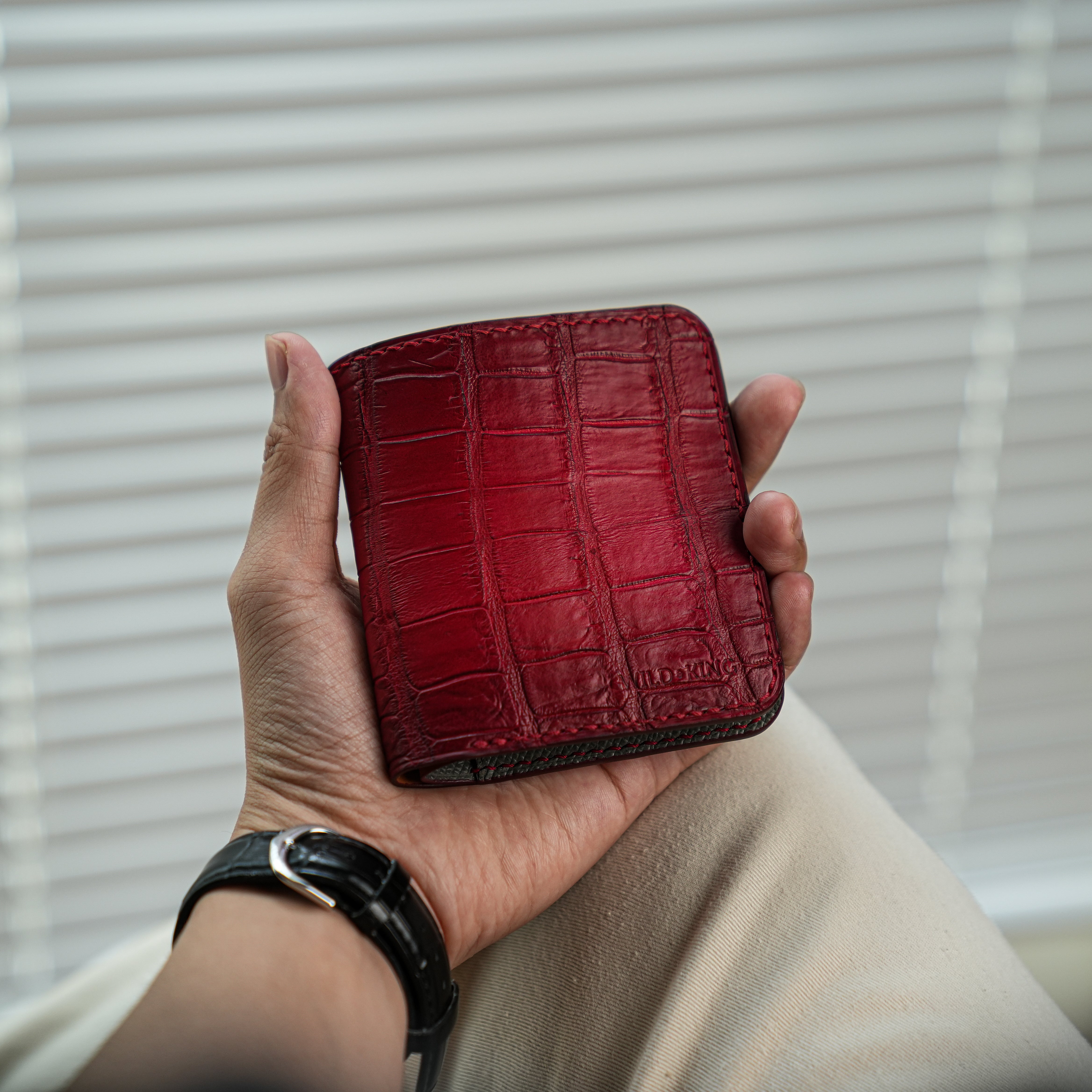 Square Shape Red Crocodile Leather Bifold Wallet - Patina Finish