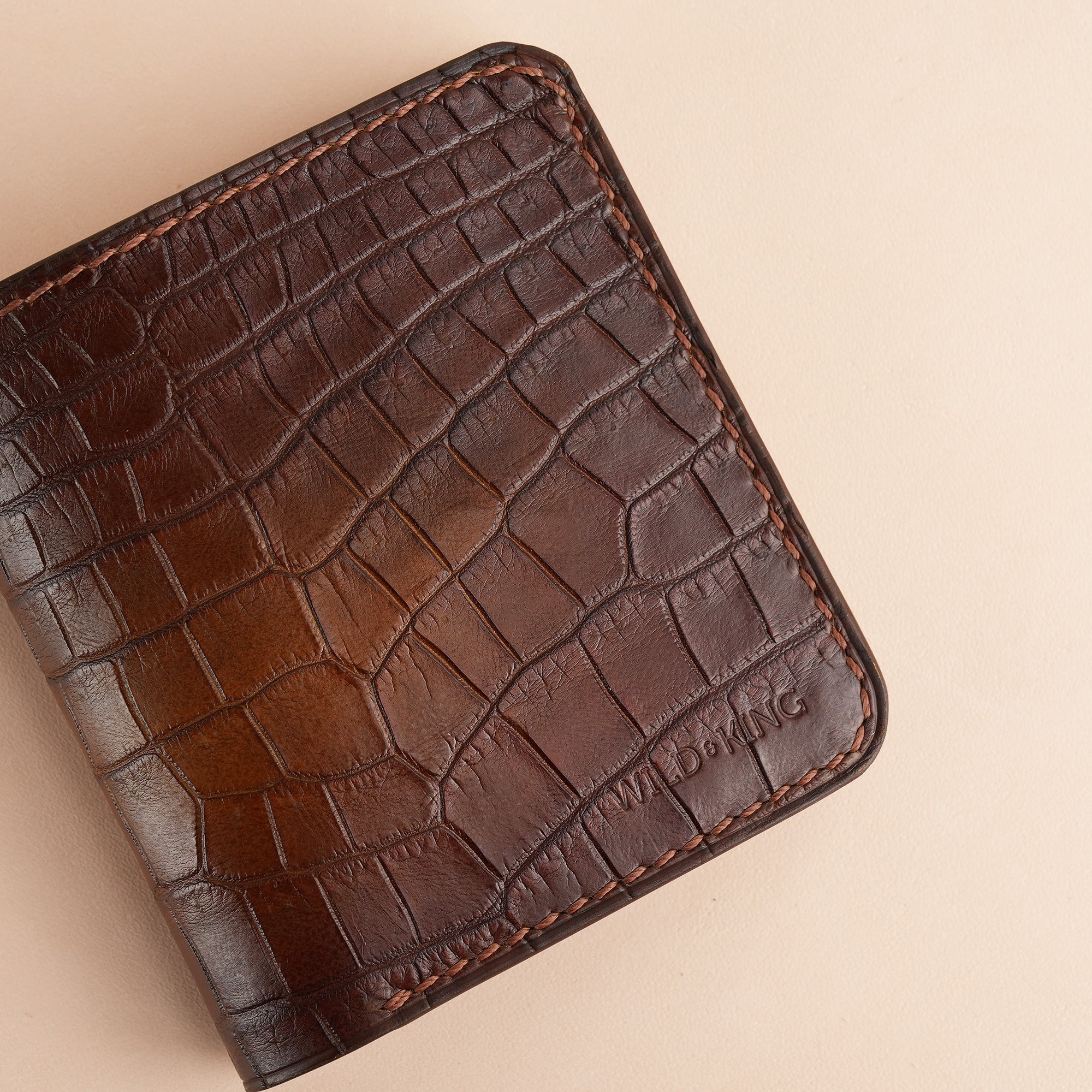 Square Shape Brown Crocodile Leather Bifold Wallet - Patina Finish