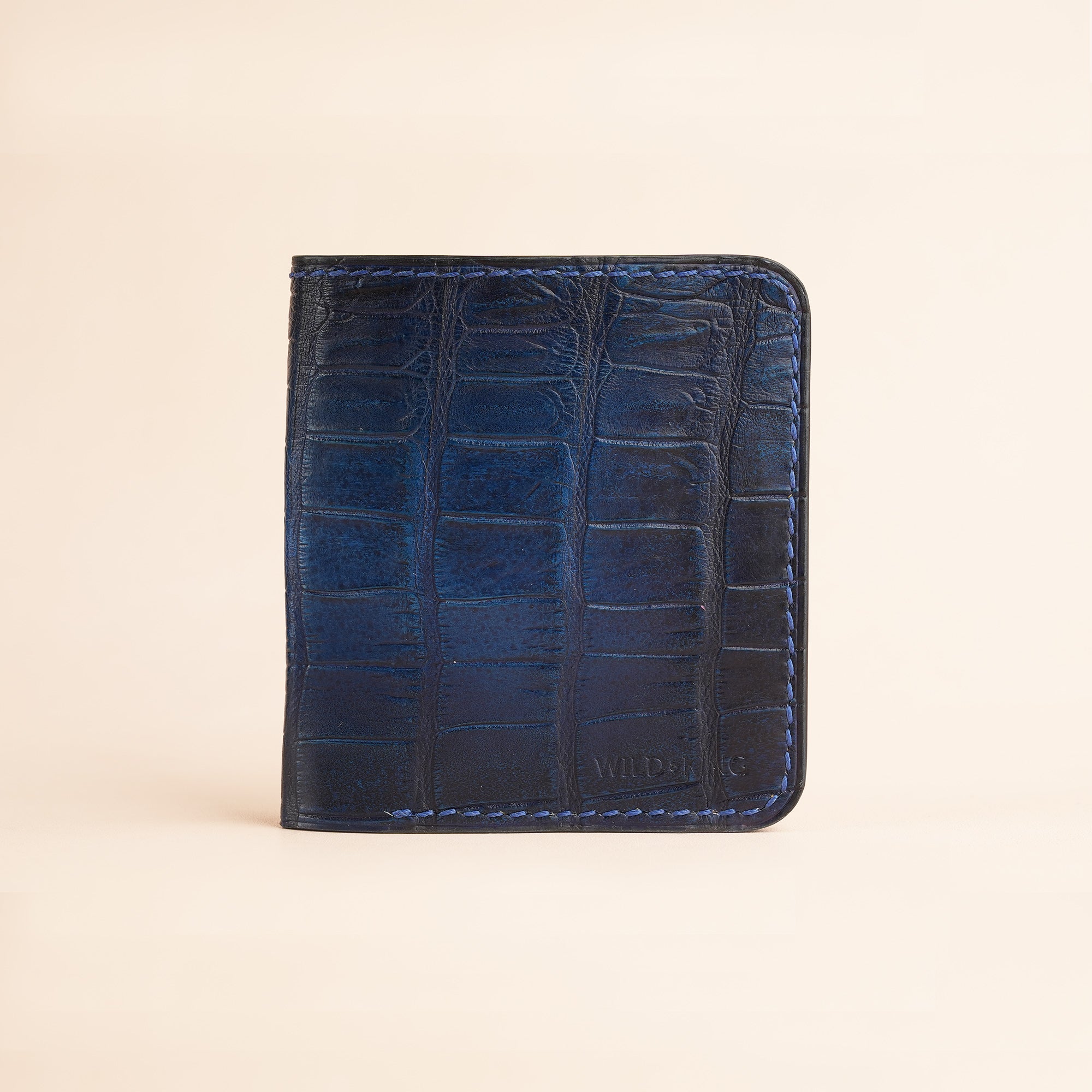Square Shape Navy Crocodile Leather Bifold Wallet - Patina Finish