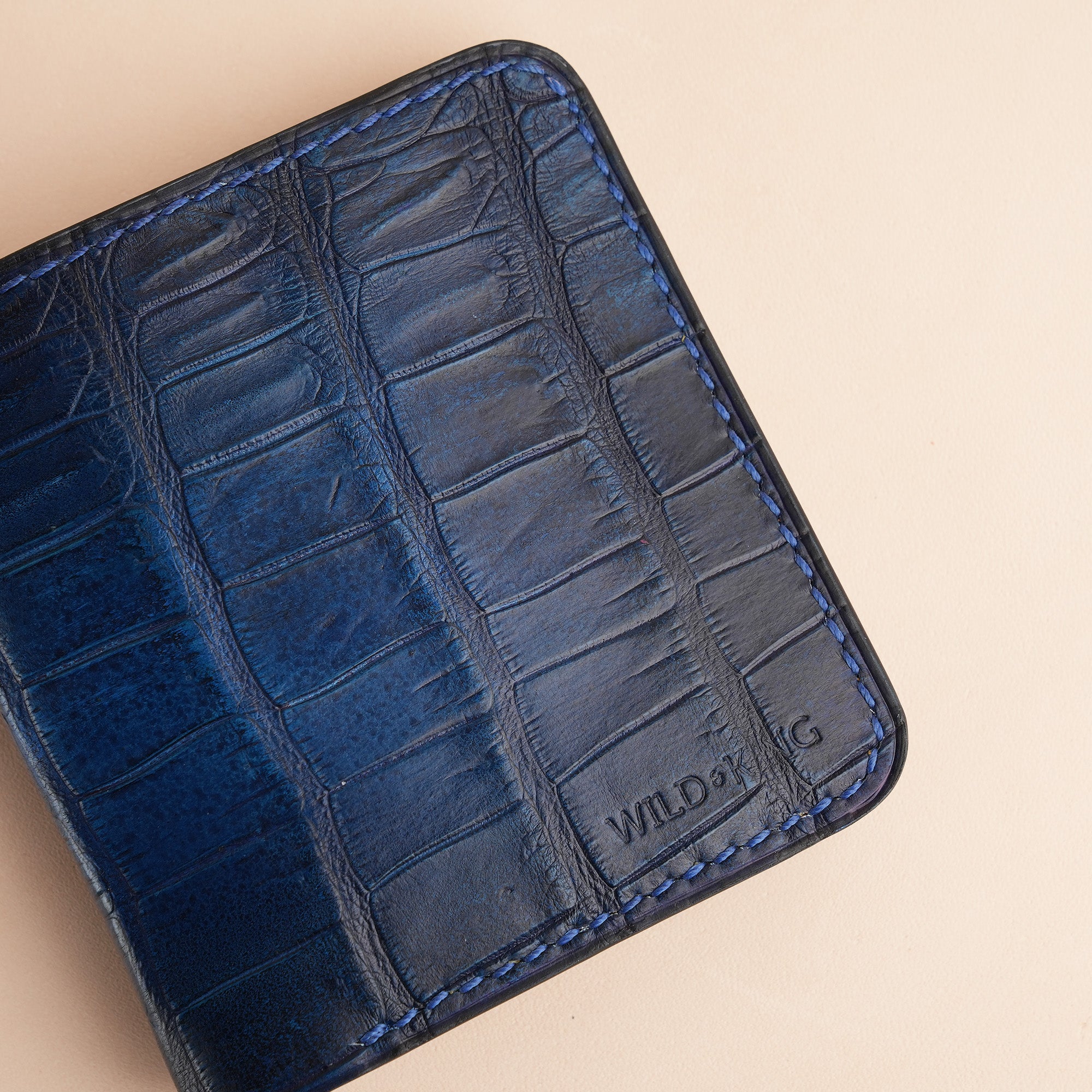 Square Shape Navy Crocodile Leather Bifold Wallet - Patina Finish