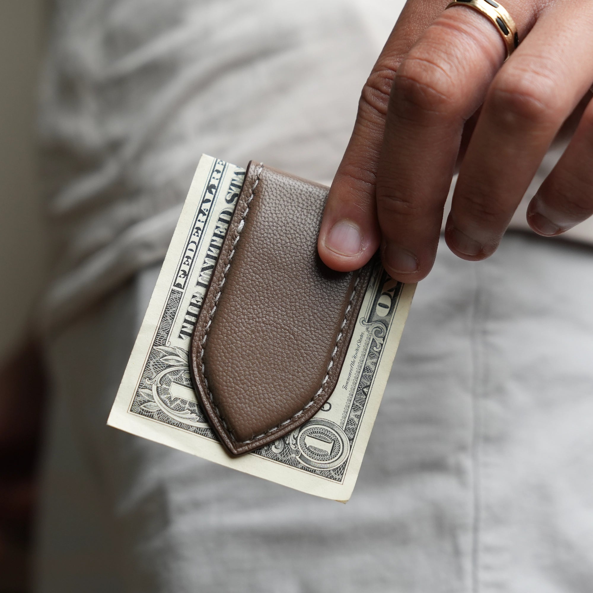 Dark Taupe Peccary Leather Money Clip - Pointed Shape