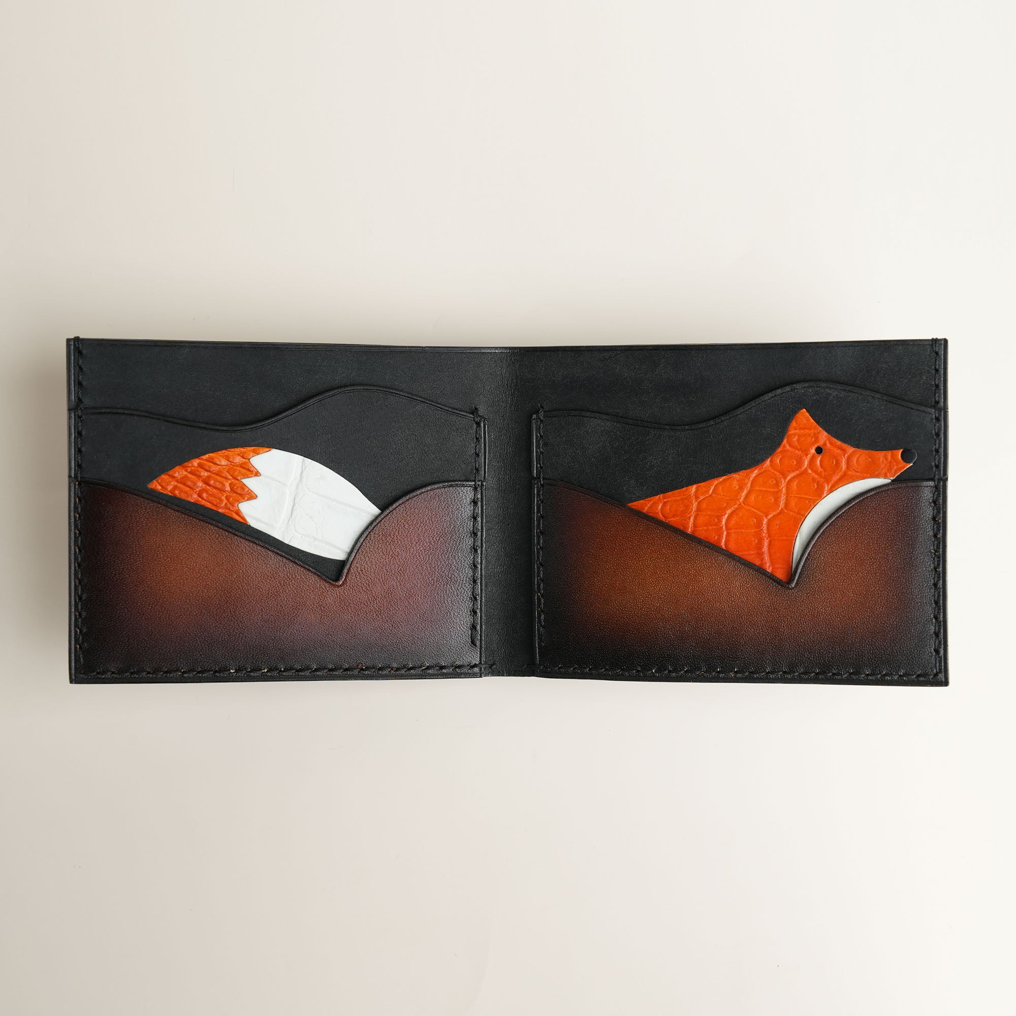 Dark Brown Leather Wing Bifold Wallet - Fox Design - Patina Finish