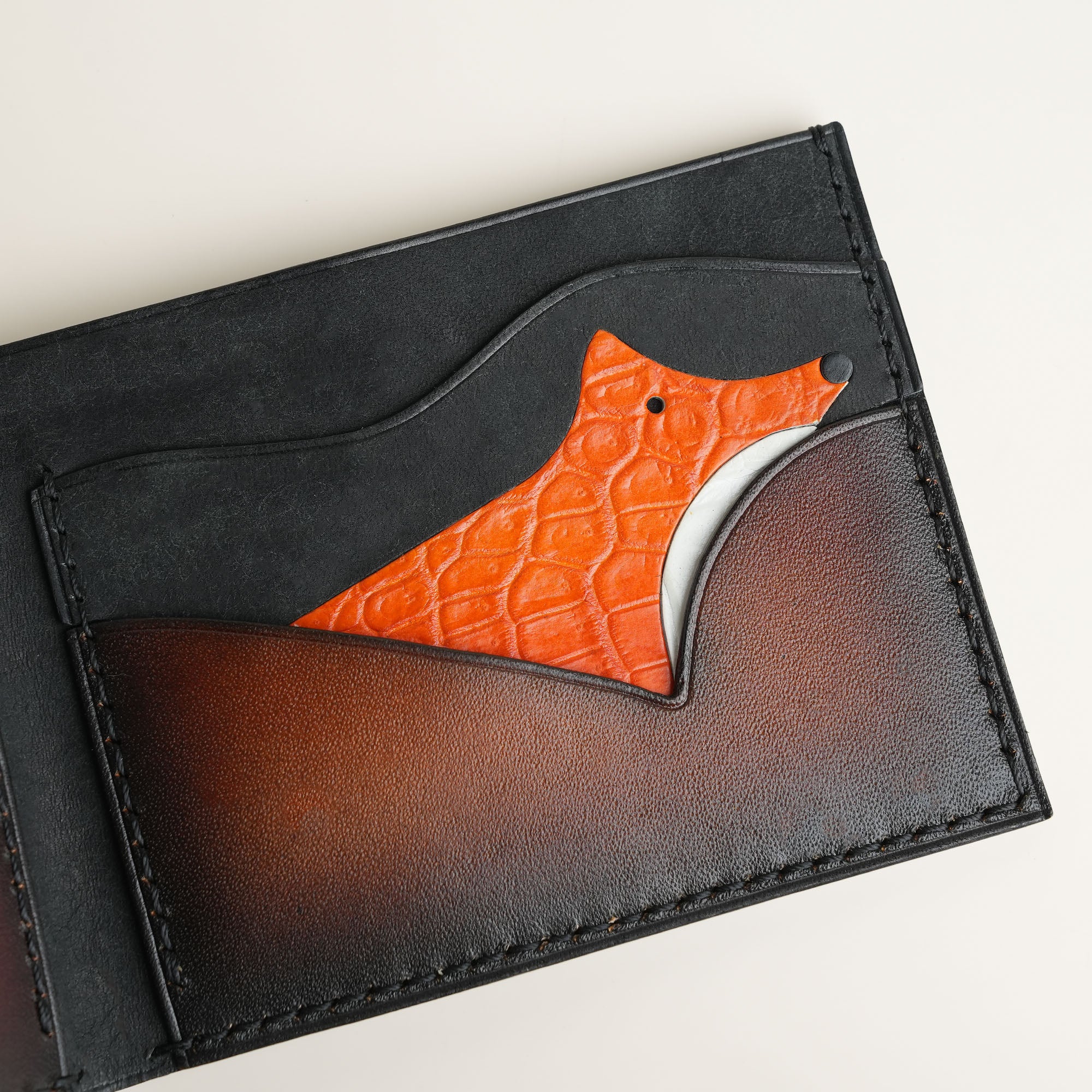 Dark Brown Leather Wing Bifold Wallet - Fox Design - Patina Finish