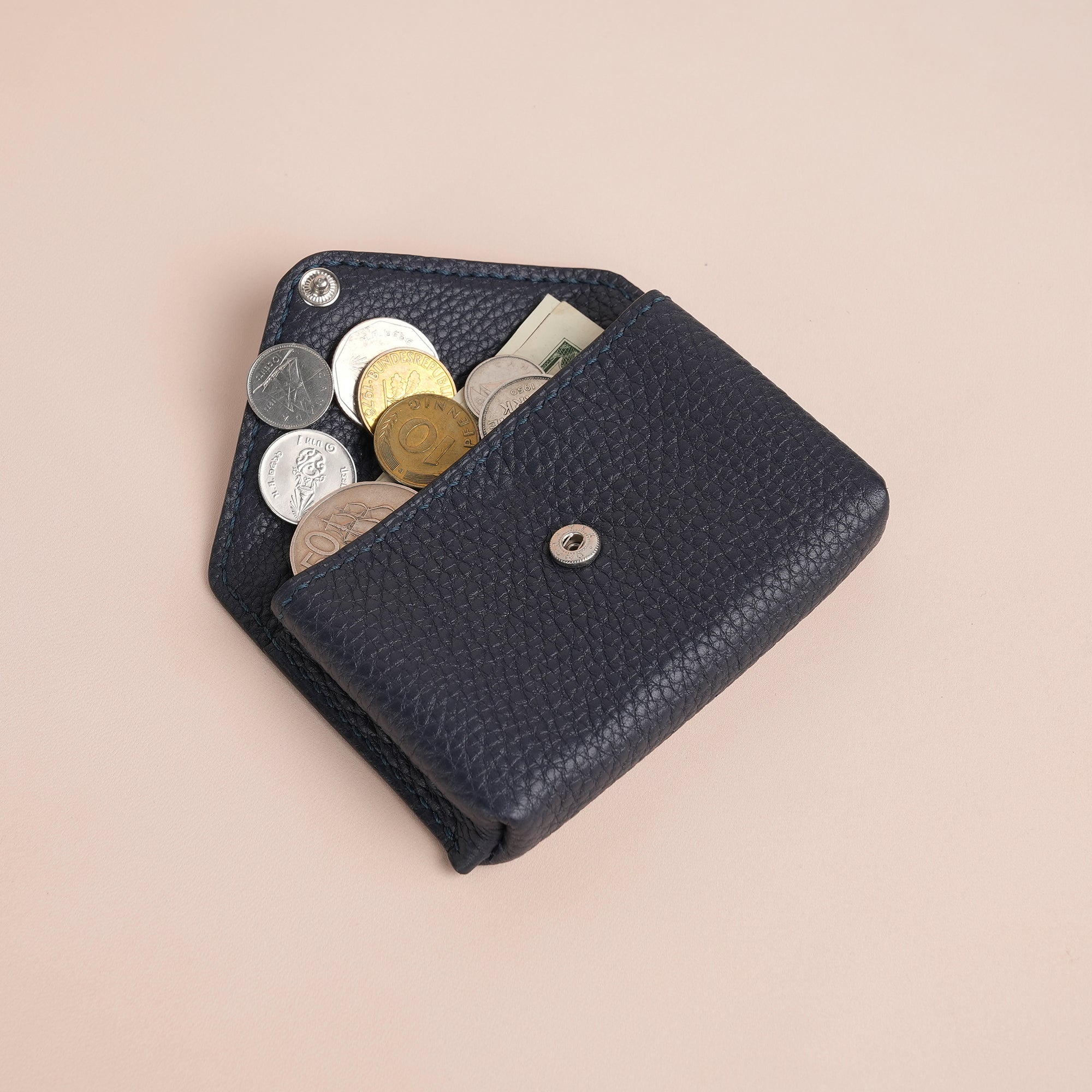 Dark Navy Togo Leather Snap Card Coin Wallet