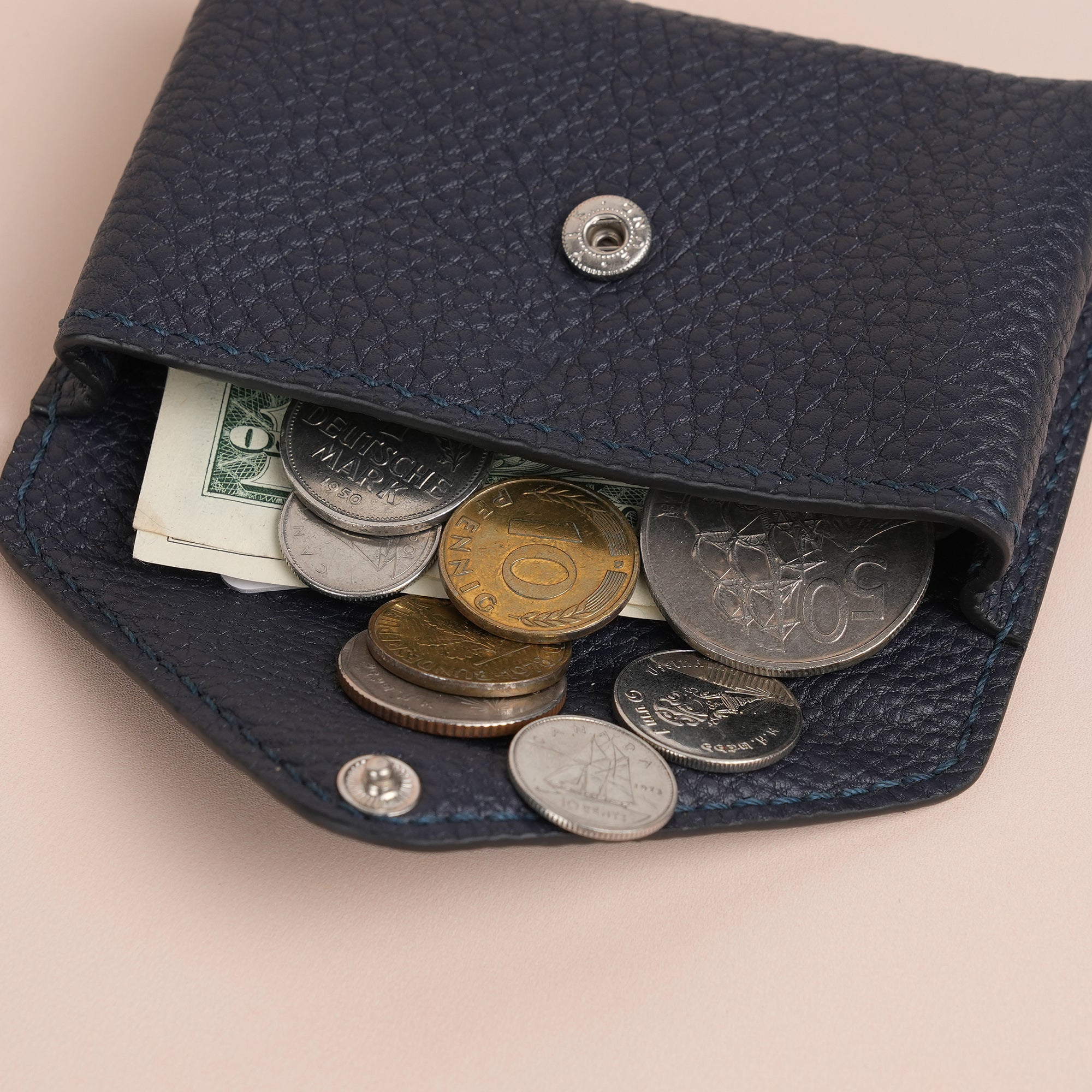 Dark Navy Togo Leather Snap Card Coin Wallet