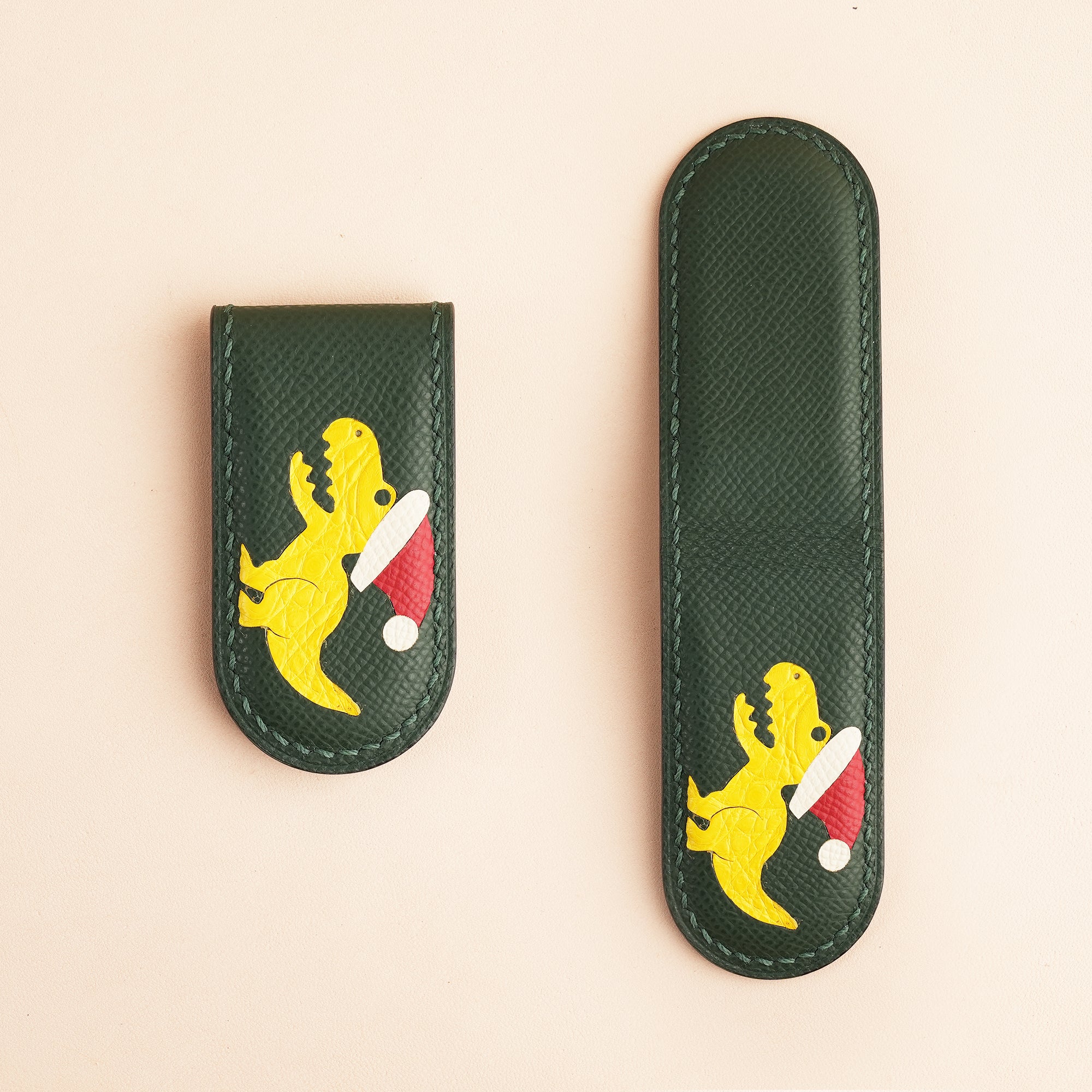 Christmas Epsom Leather Money Clip - Dinosaur